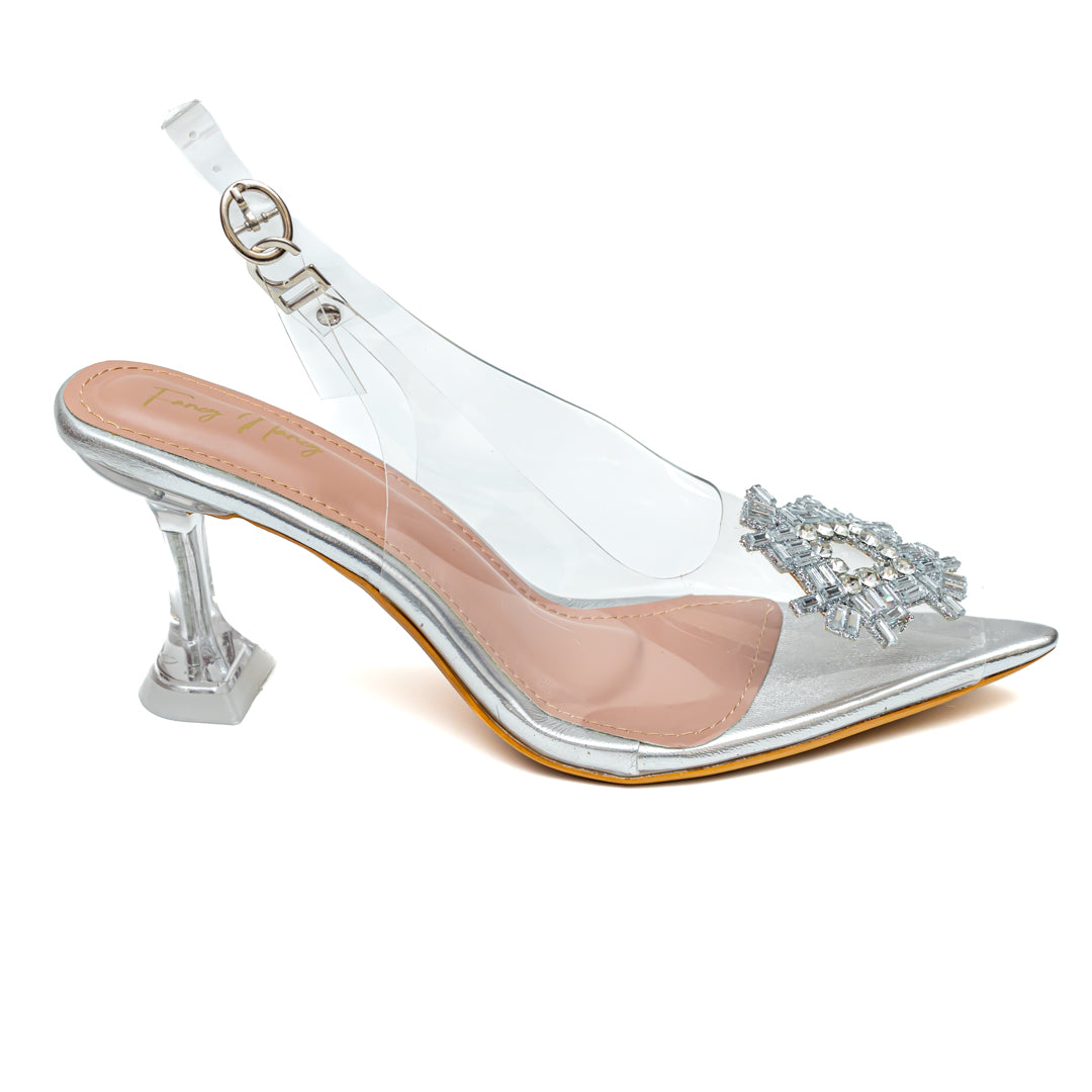 Rhinestone Diamond Broach Heels - Silver