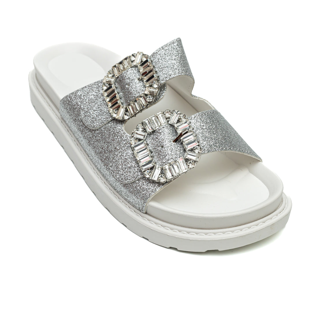 Shimmer Buckle Sliders - White