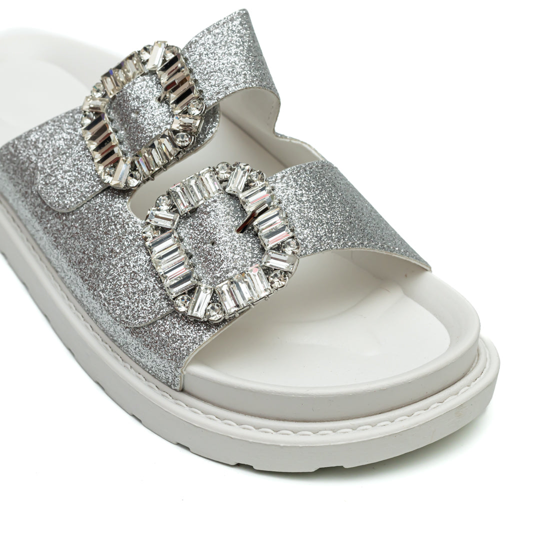 Shimmer Buckle Sliders - White