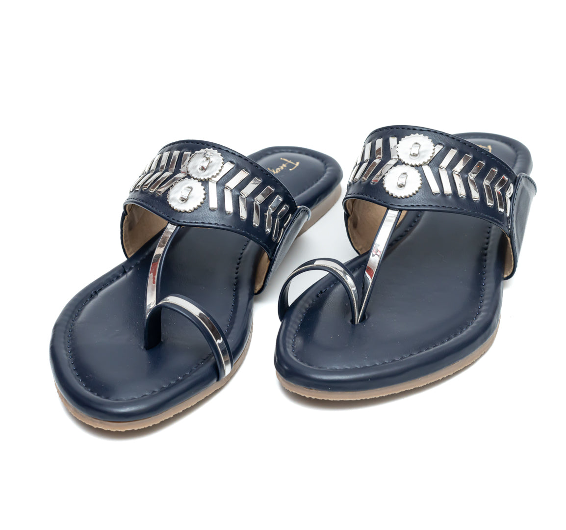 Designer Kolhapuri Flats - Navy Blue