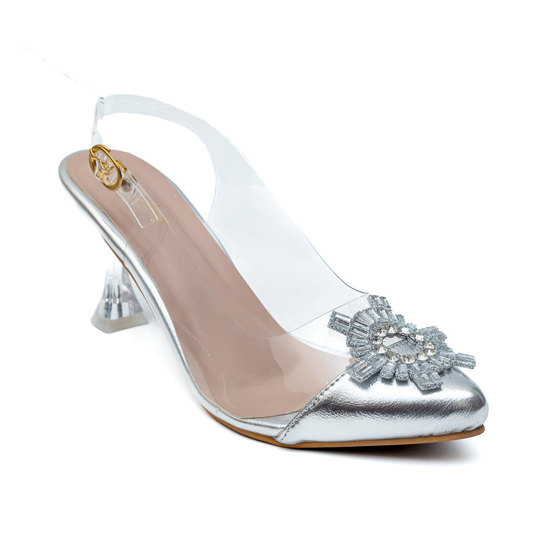 Rhinestone Broach Heels - Silver