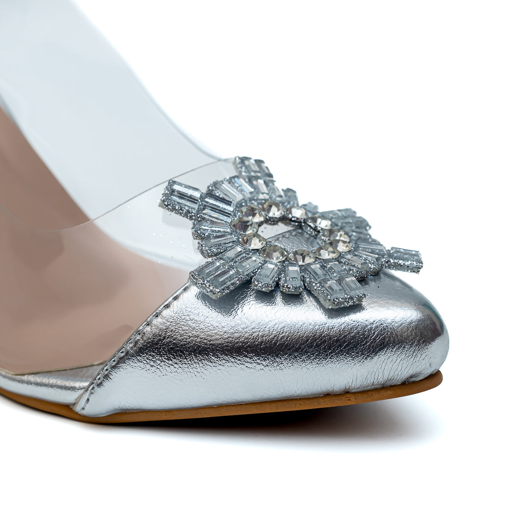 Rhinestone Broach Heels - Silver