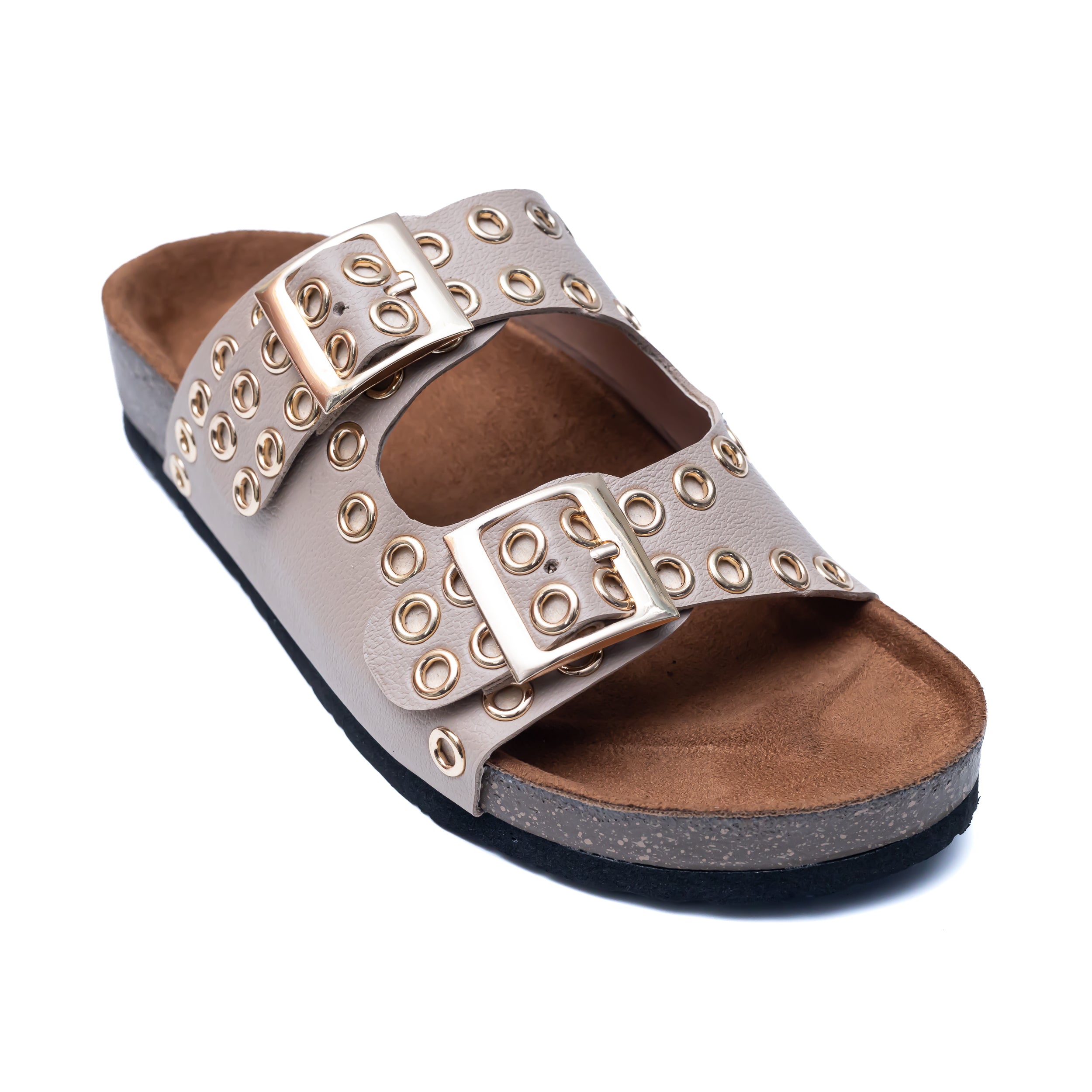 Studded Buckle Strap Sliders - Beige