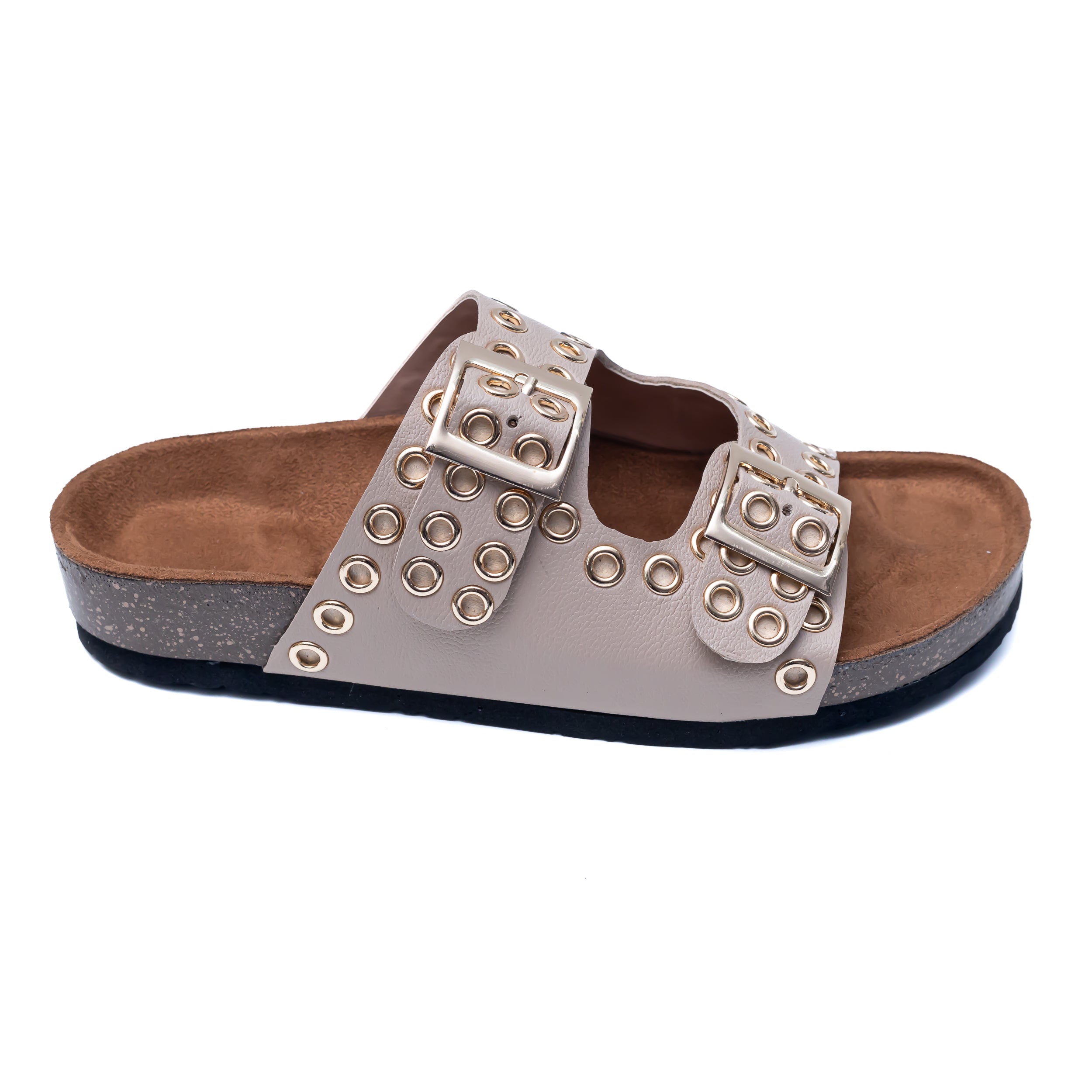 Studded Buckle Strap Sliders - Beige