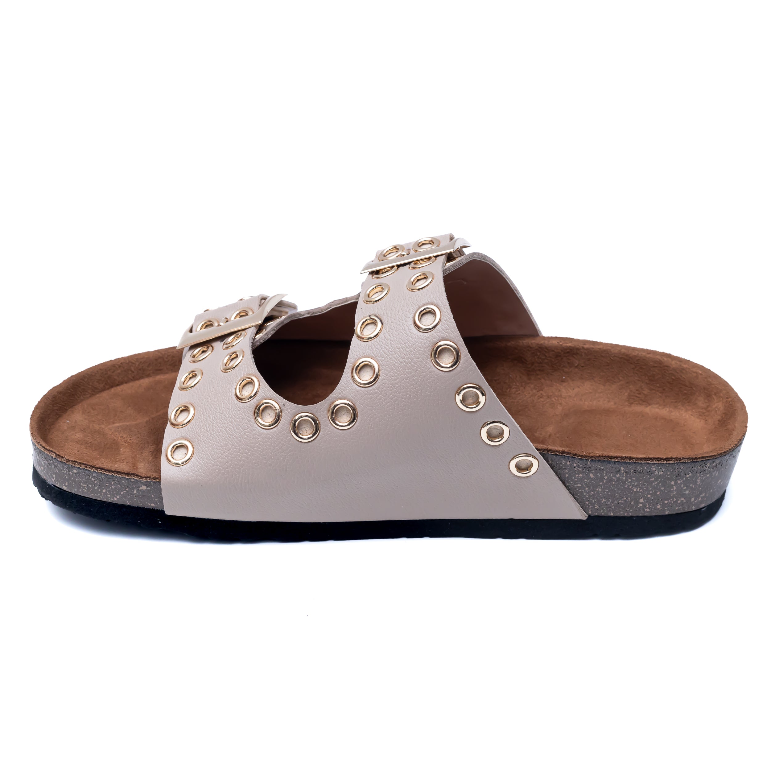 Studded Buckle Strap Sliders - Beige