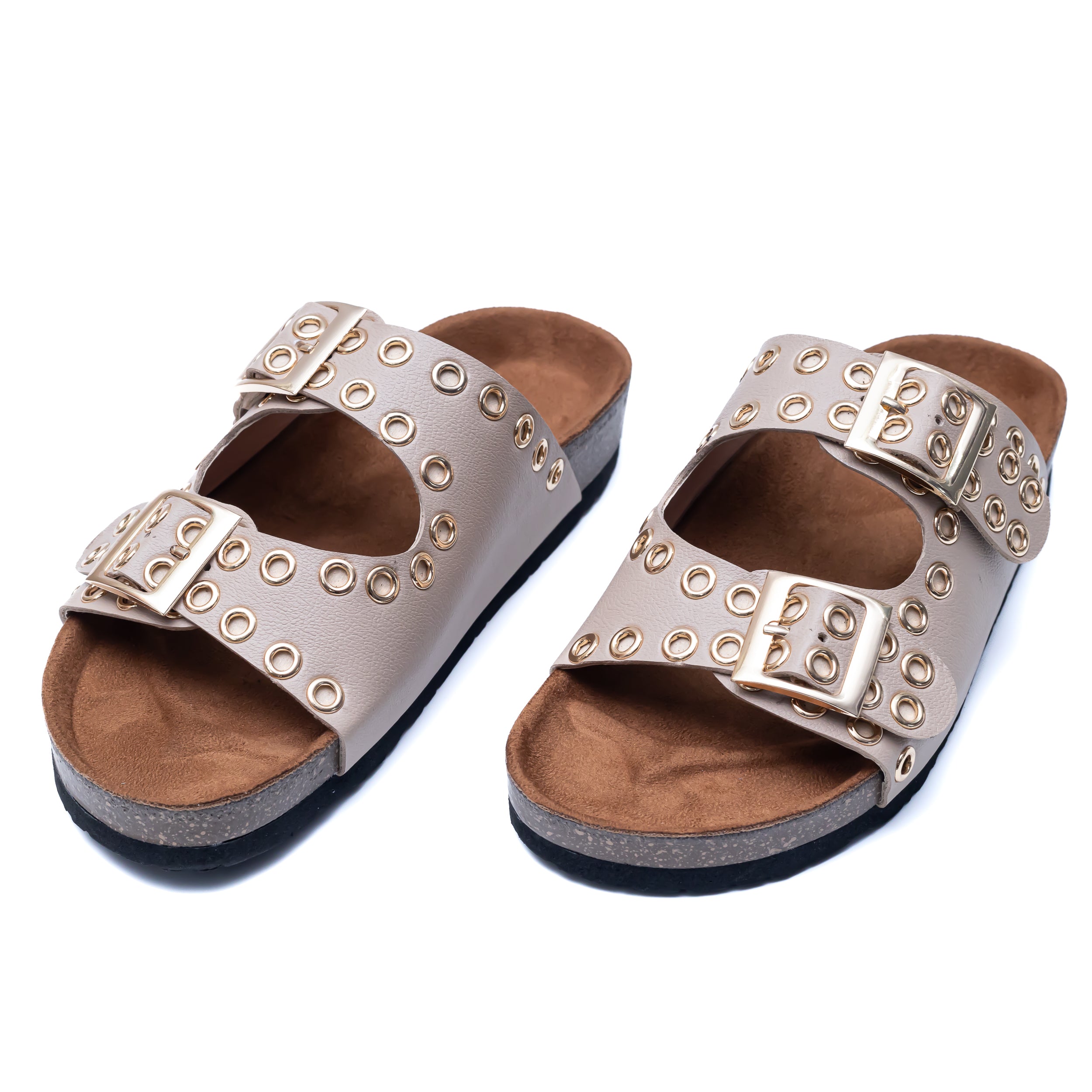 Studded Buckle Strap Sliders - Beige