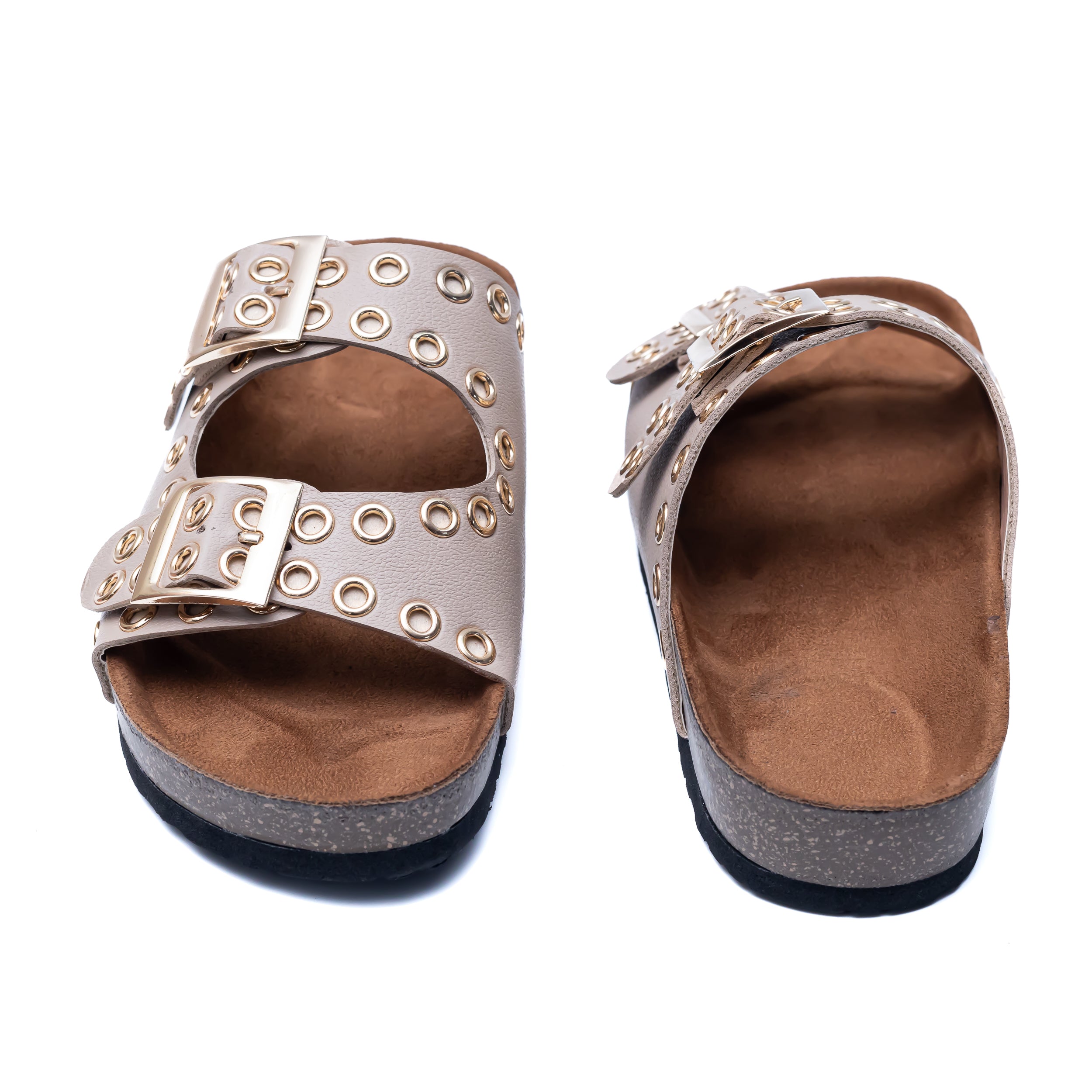 Studded Buckle Strap Sliders - Beige