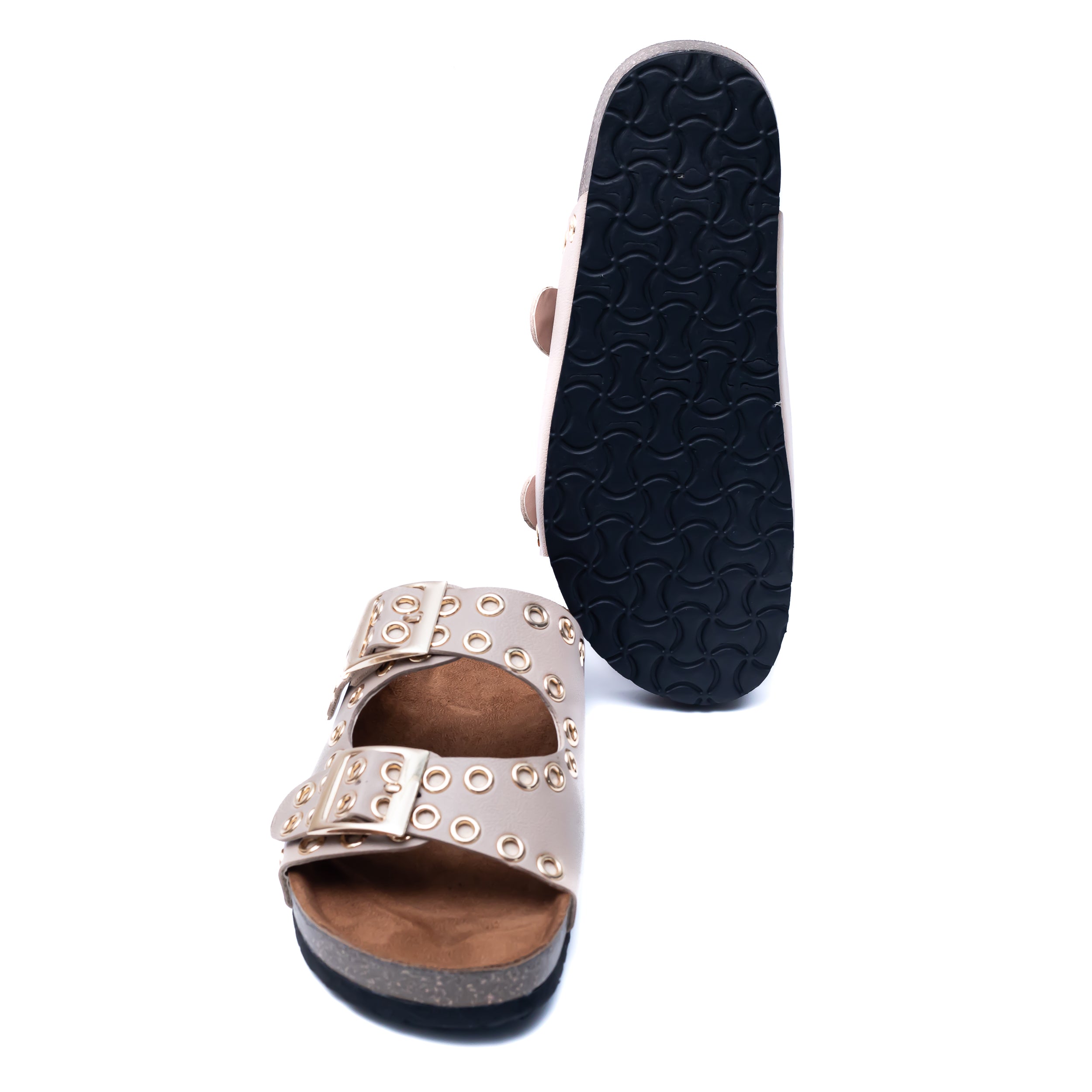 Studded Buckle Strap Sliders - Beige