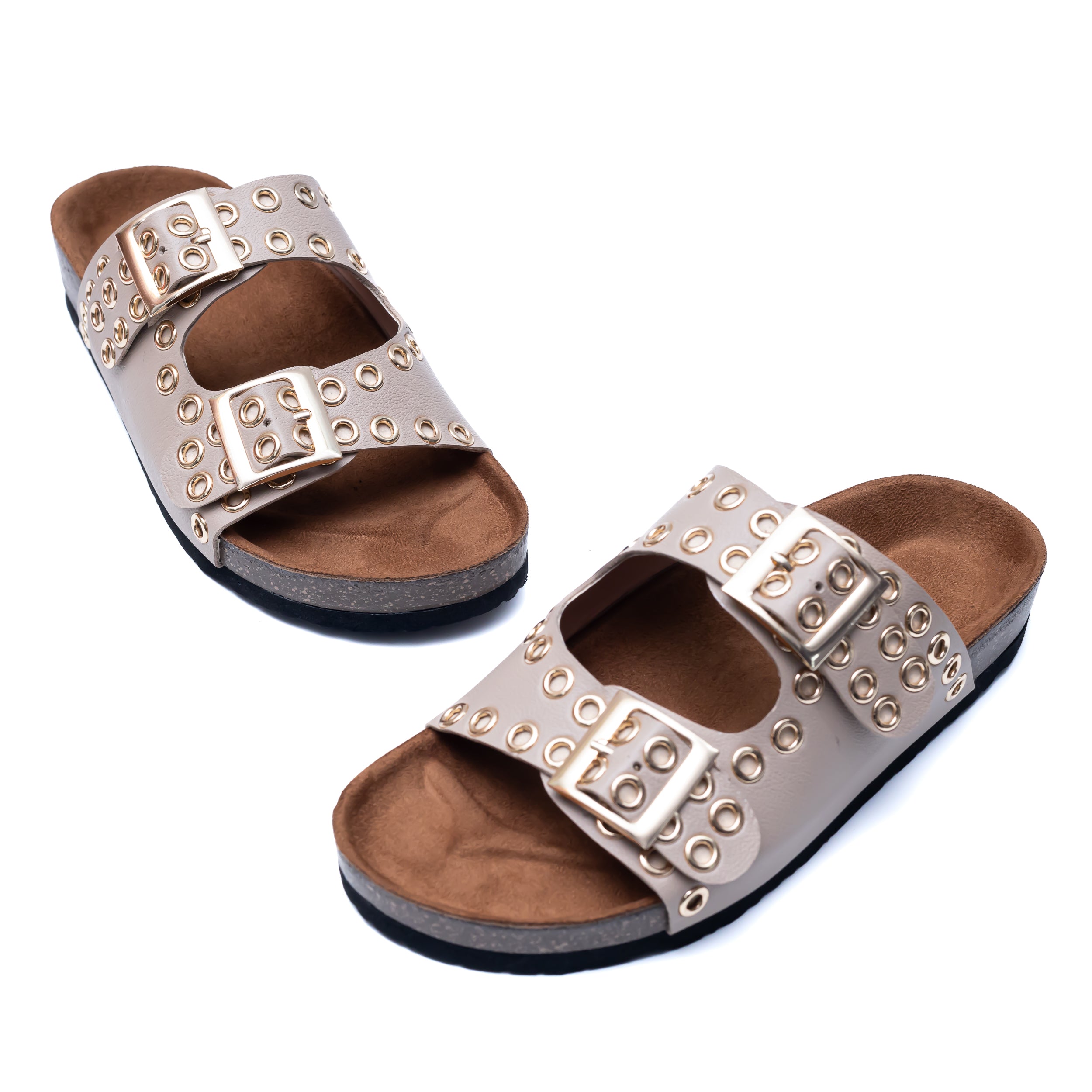 Studded Buckle Strap Sliders - Beige