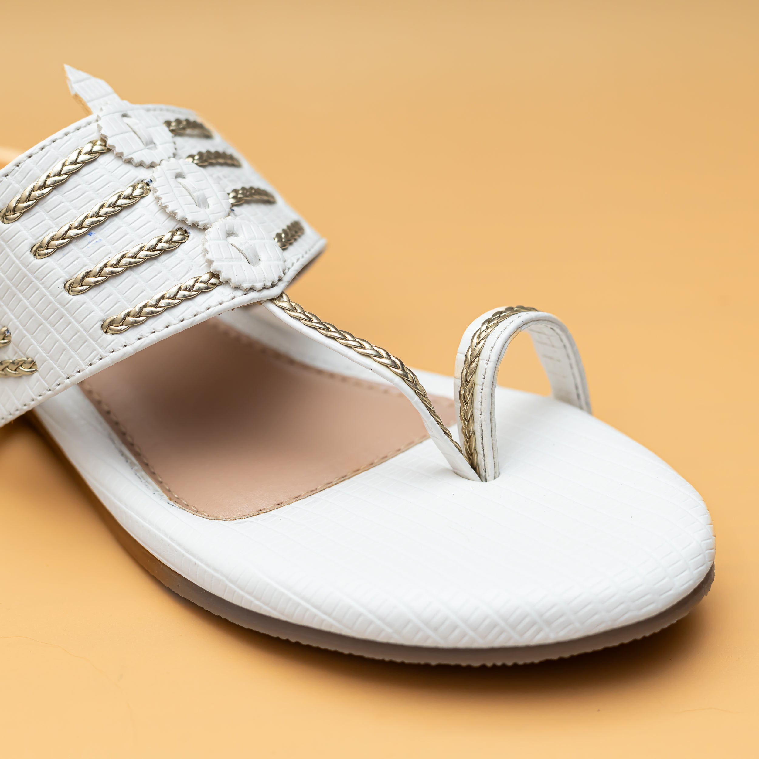 Braided Kolhapuri Flats - White