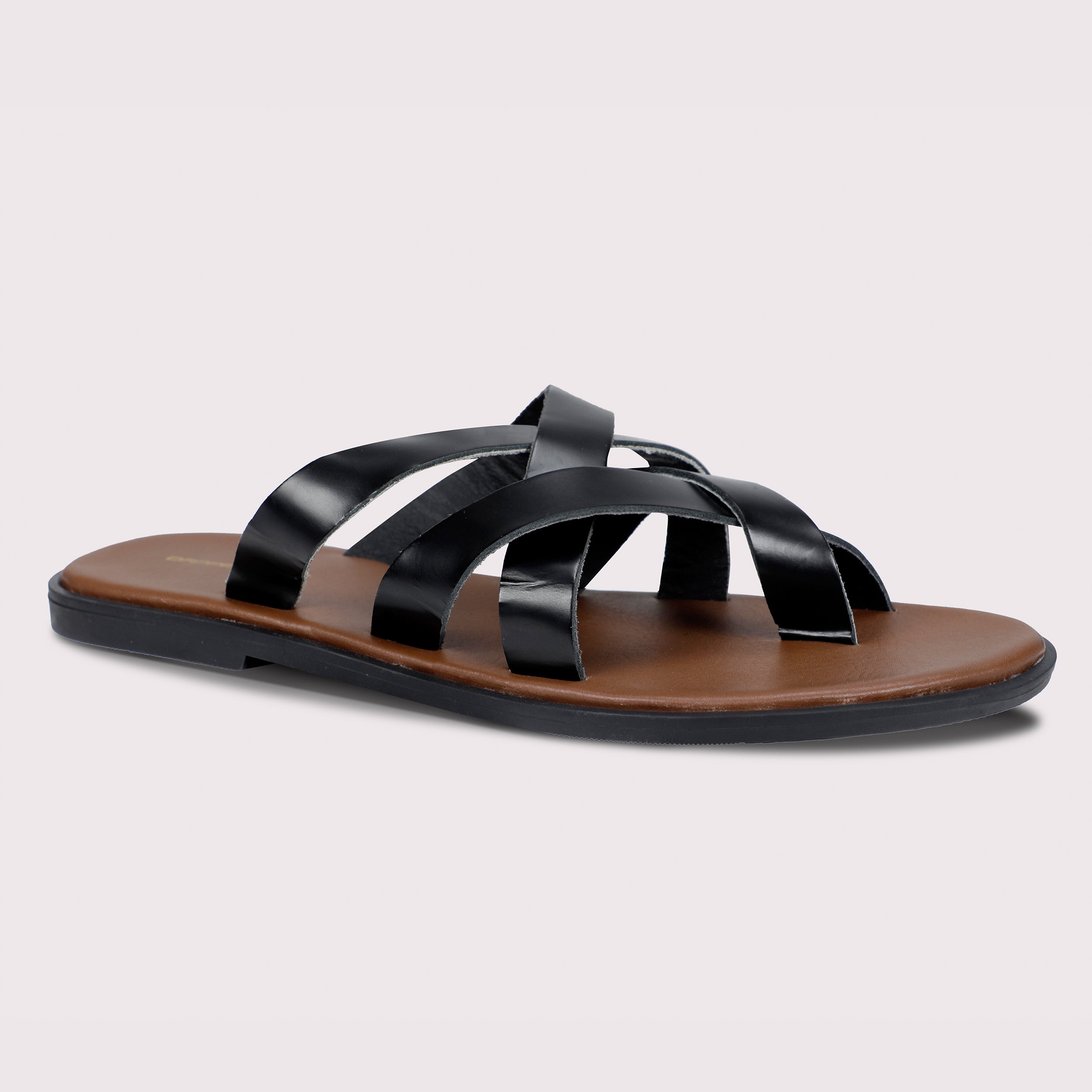 Criss-Cross Leather Slippers - Tan/Black