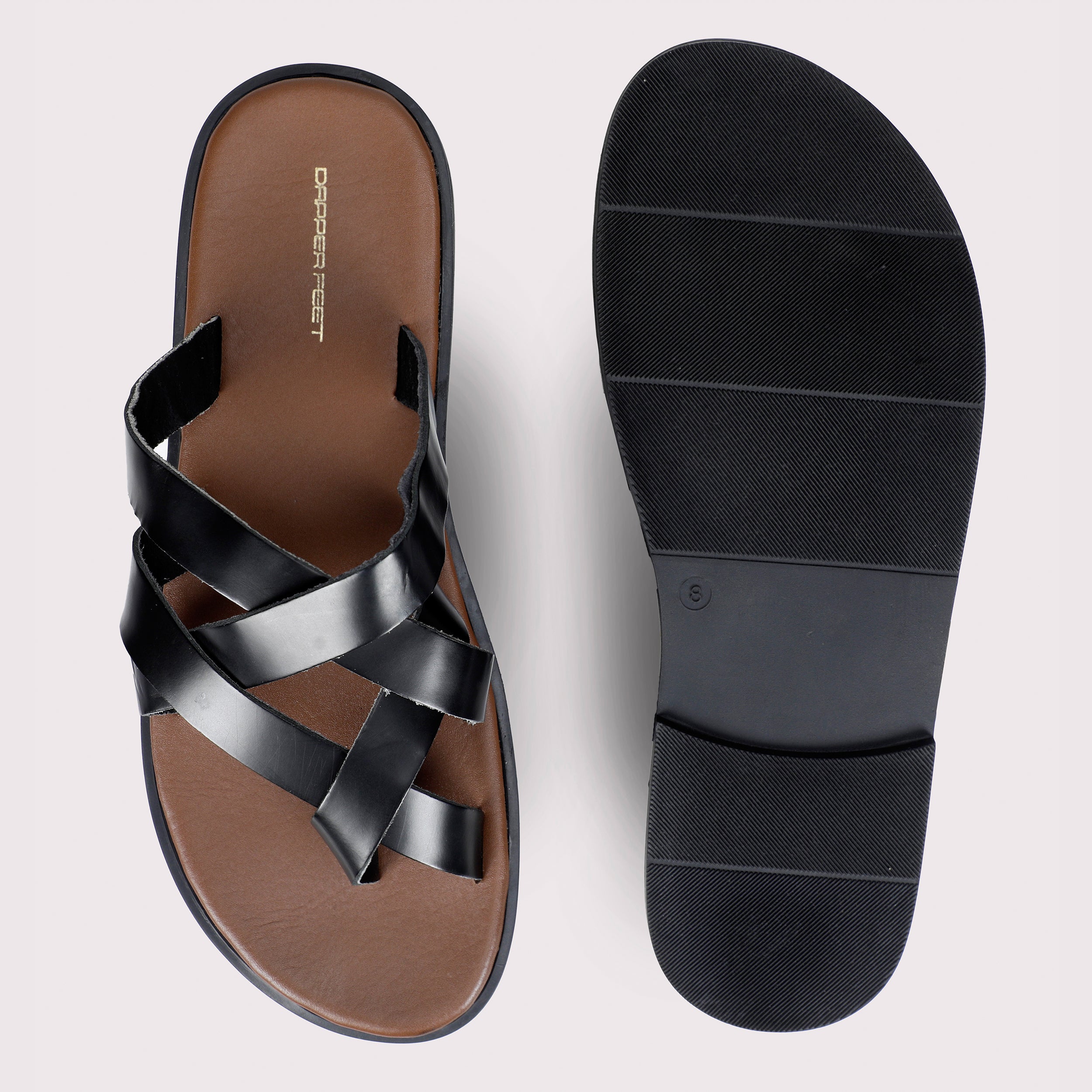 Criss-Cross Leather Slippers - Tan/Black