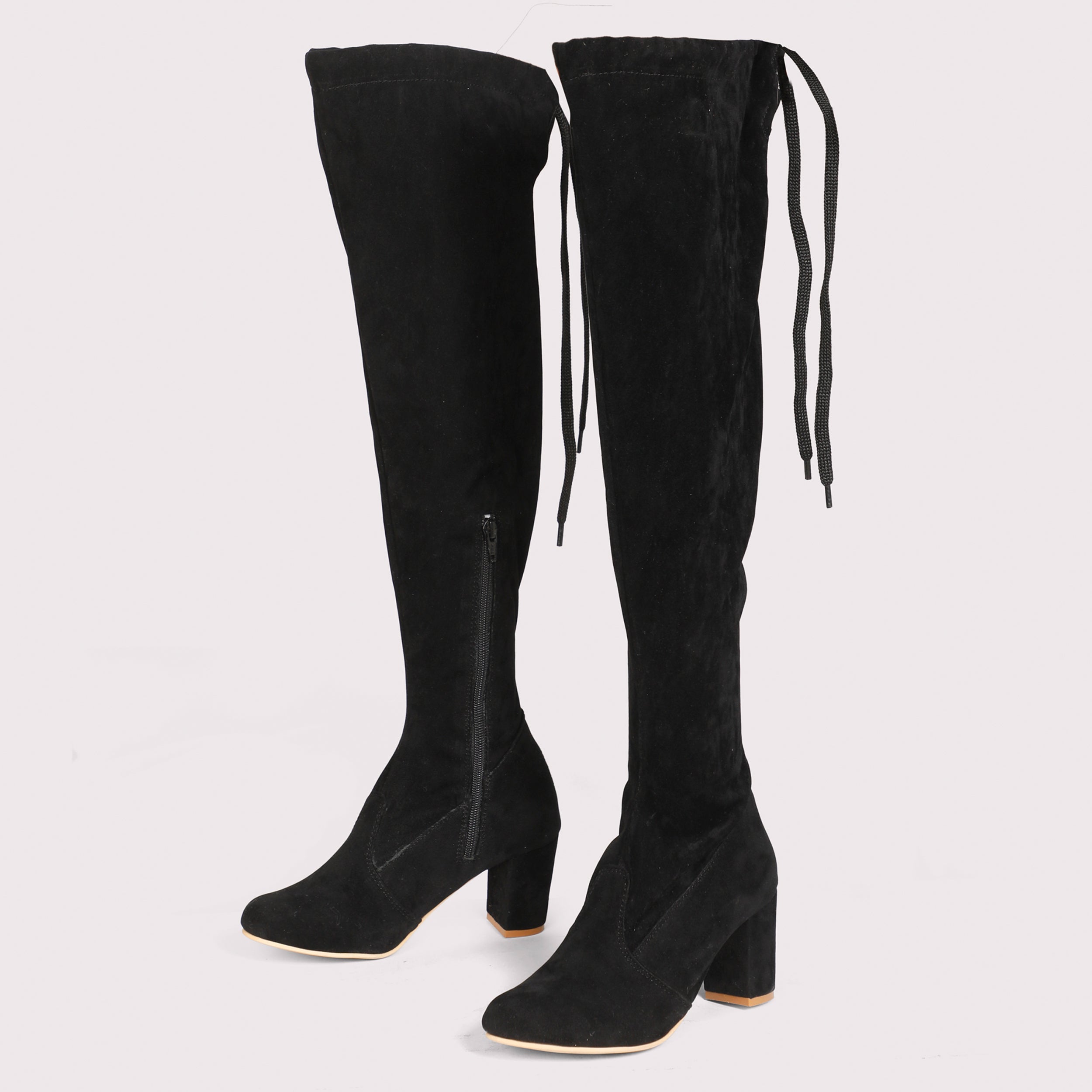 Velvet Knee High Boots - Black