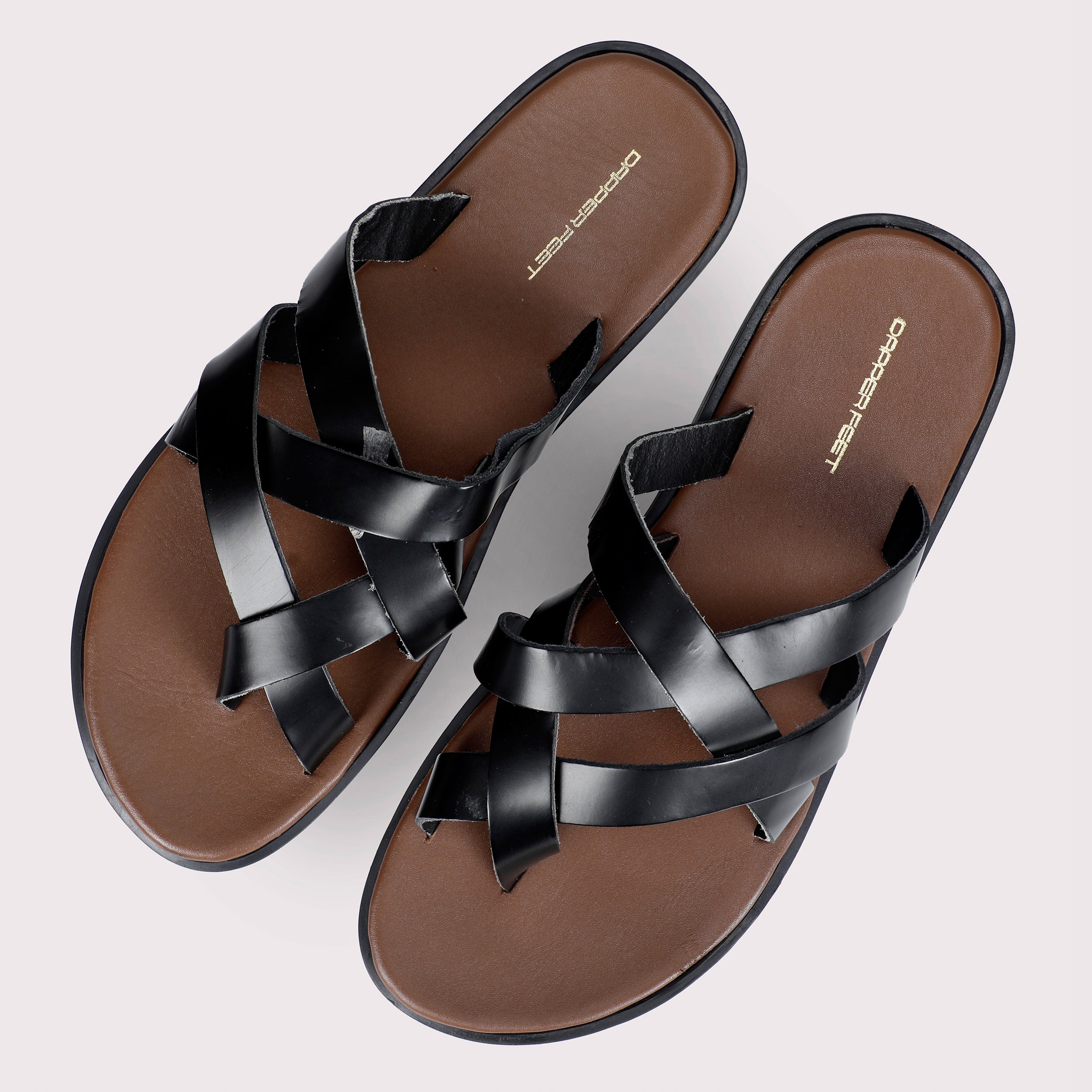 Criss-Cross Leather Slippers - Tan/Black