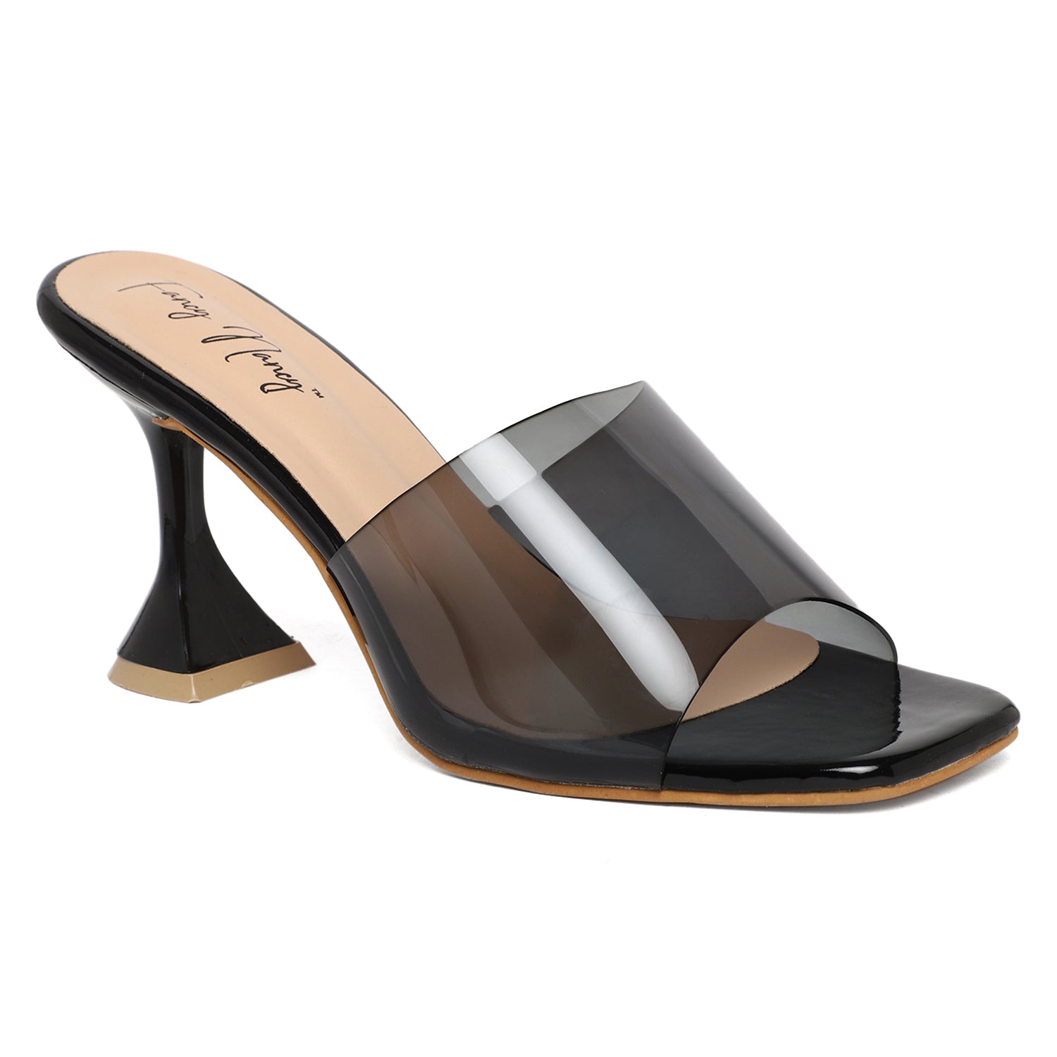 Black chunky heel with clear online strap