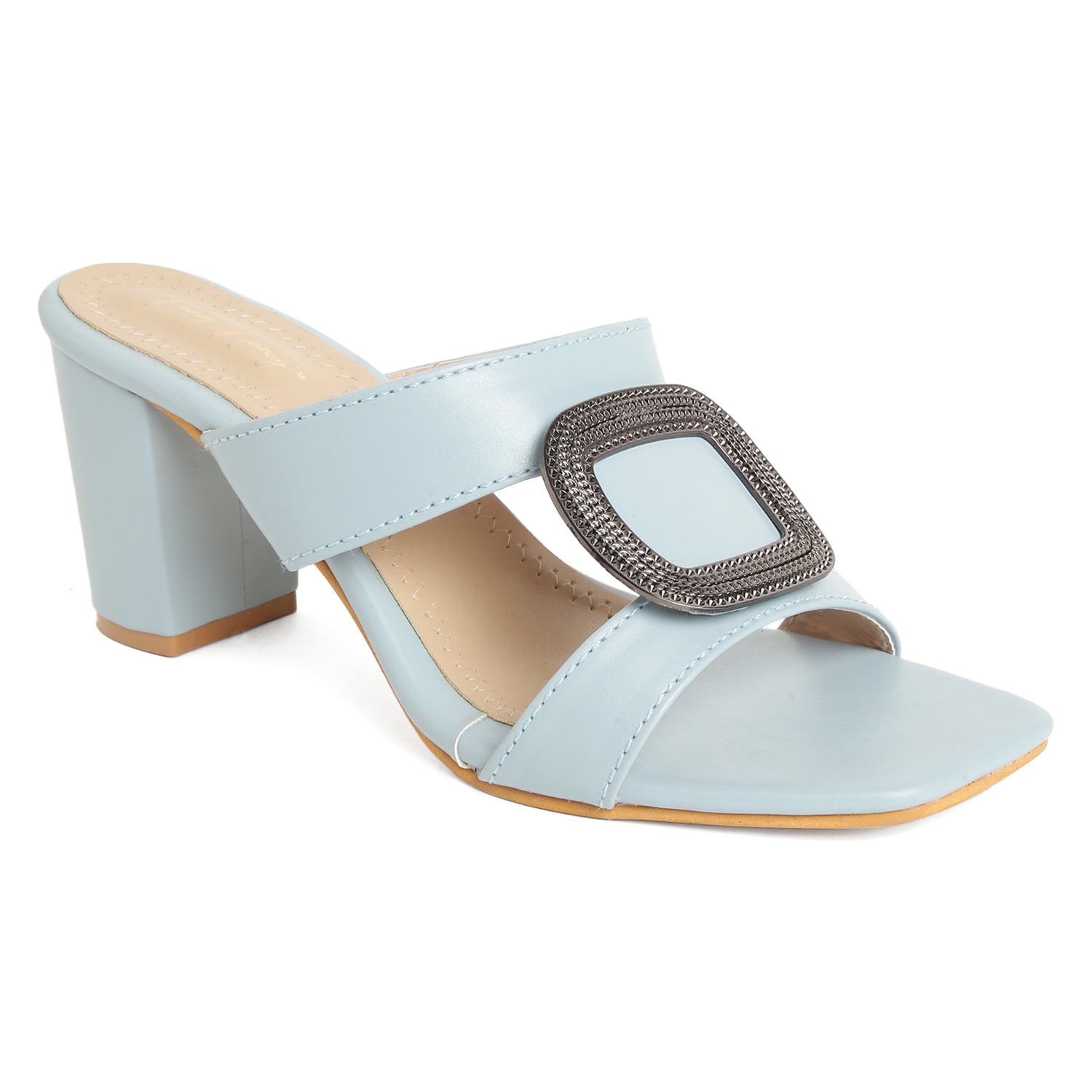 Block Heel Buckle Mules - Blue