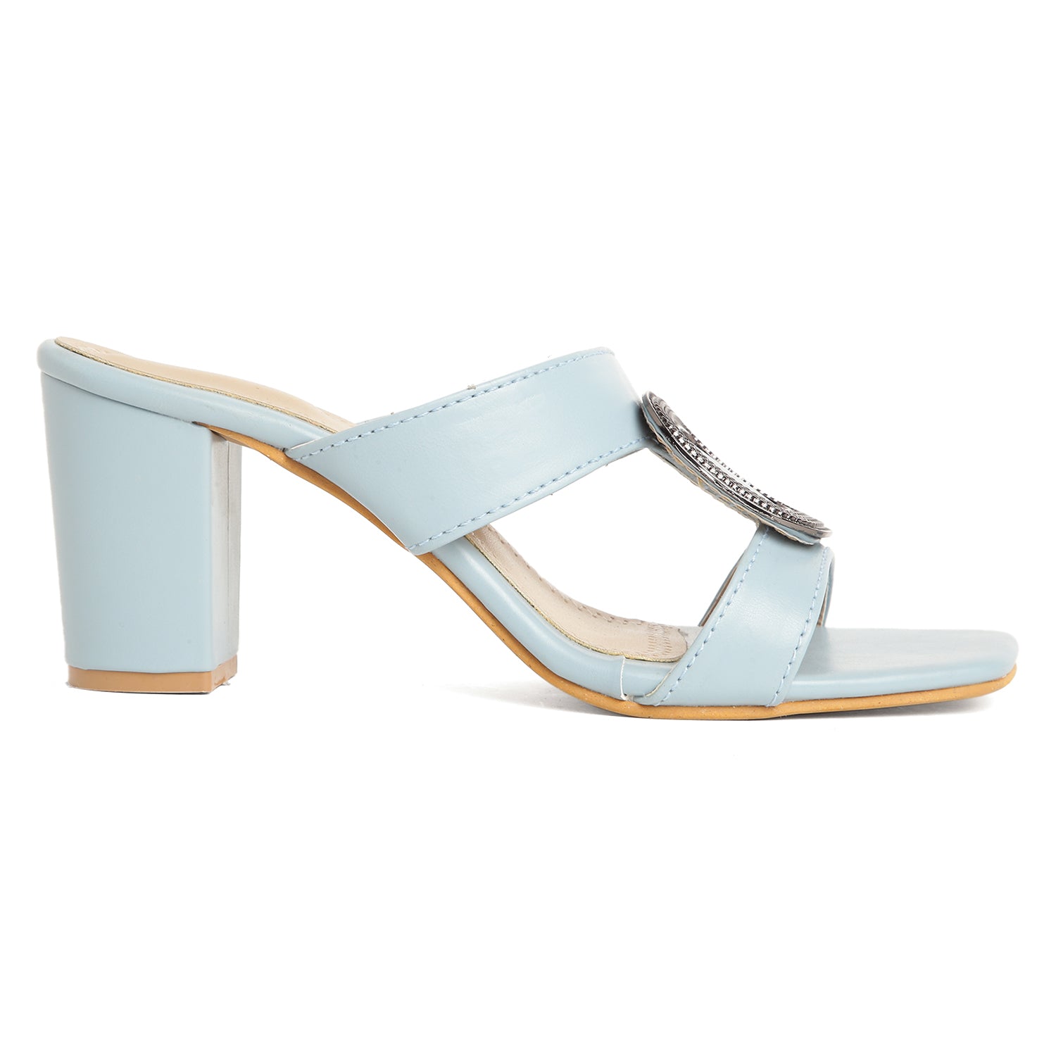 Block Heel Buckle Mules - Blue