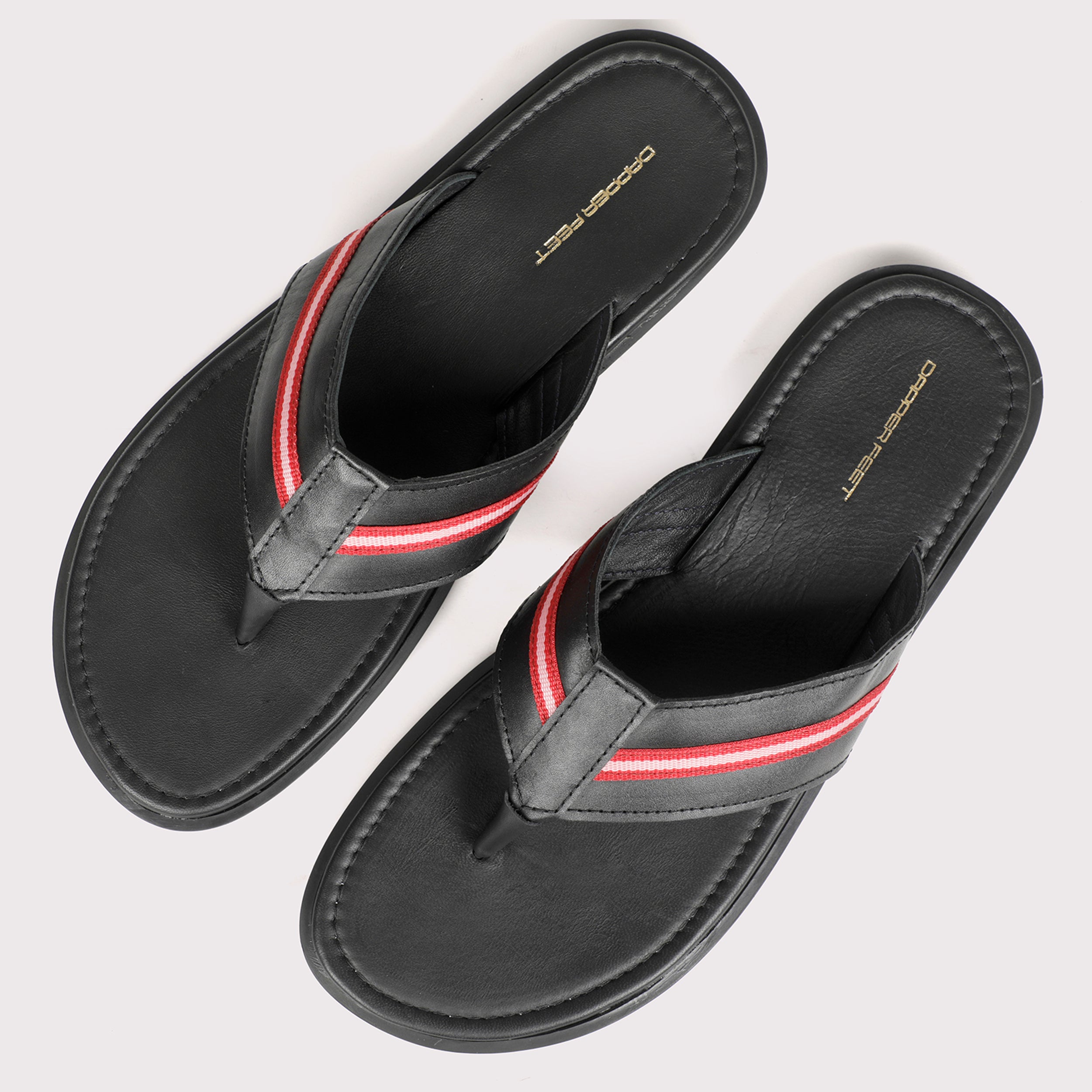 V Strap Leather Slippers - Black