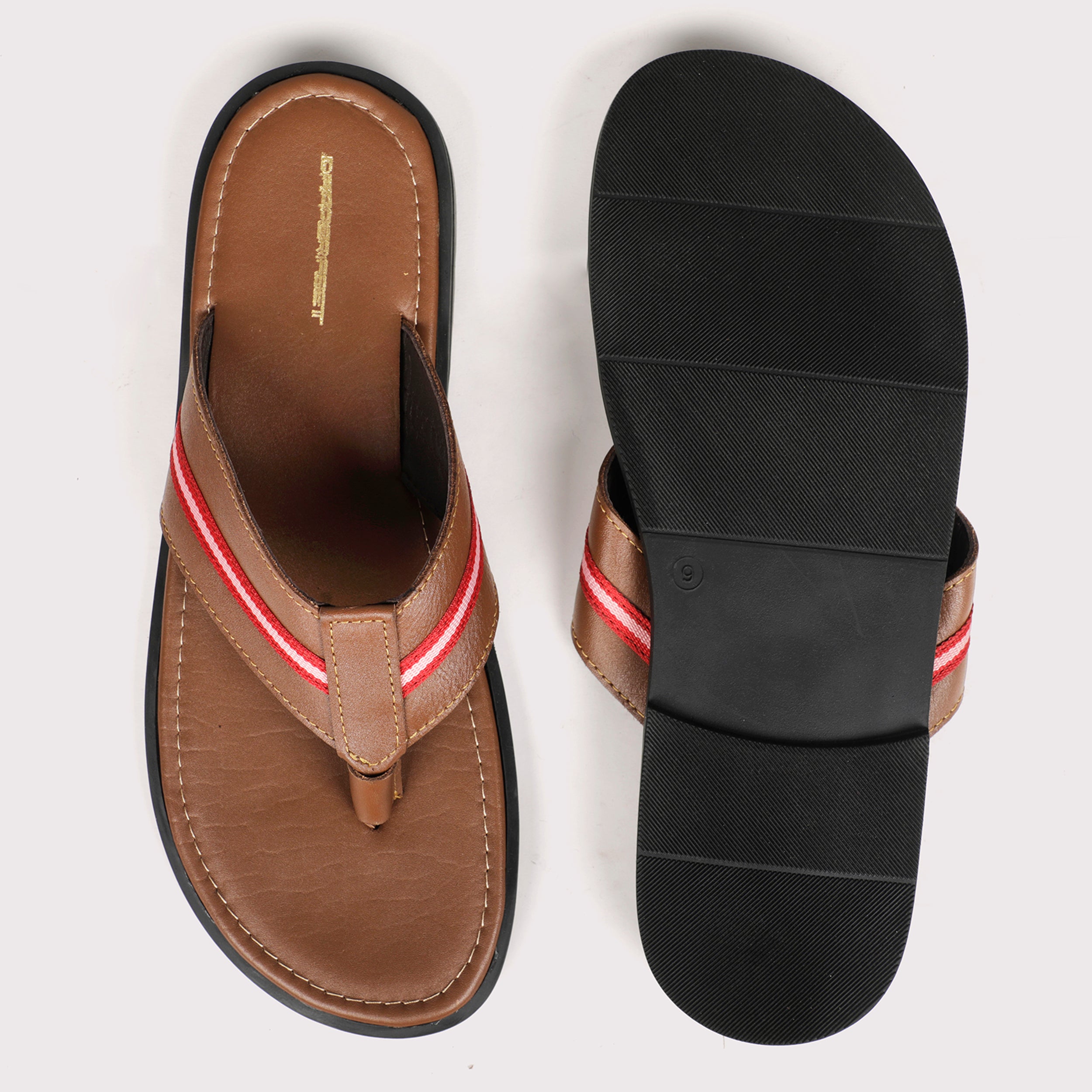 V Strap Leather Slippers - Tan