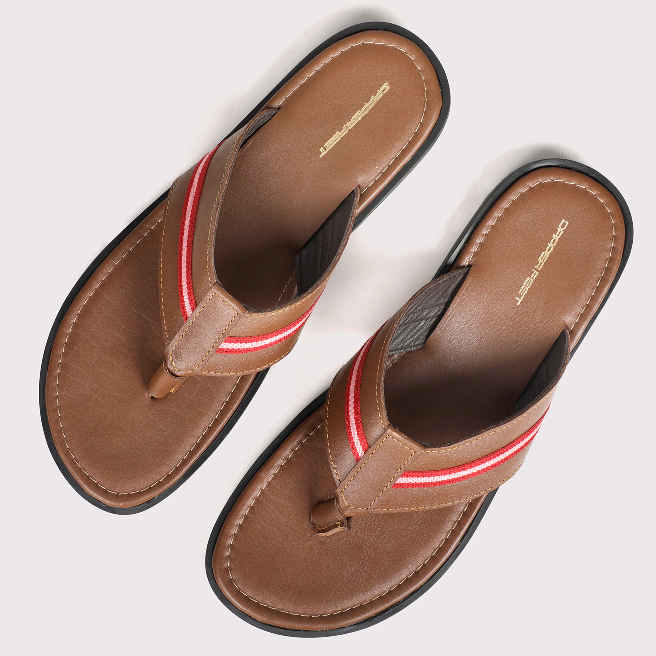 V Strap Leather Slippers - Tan