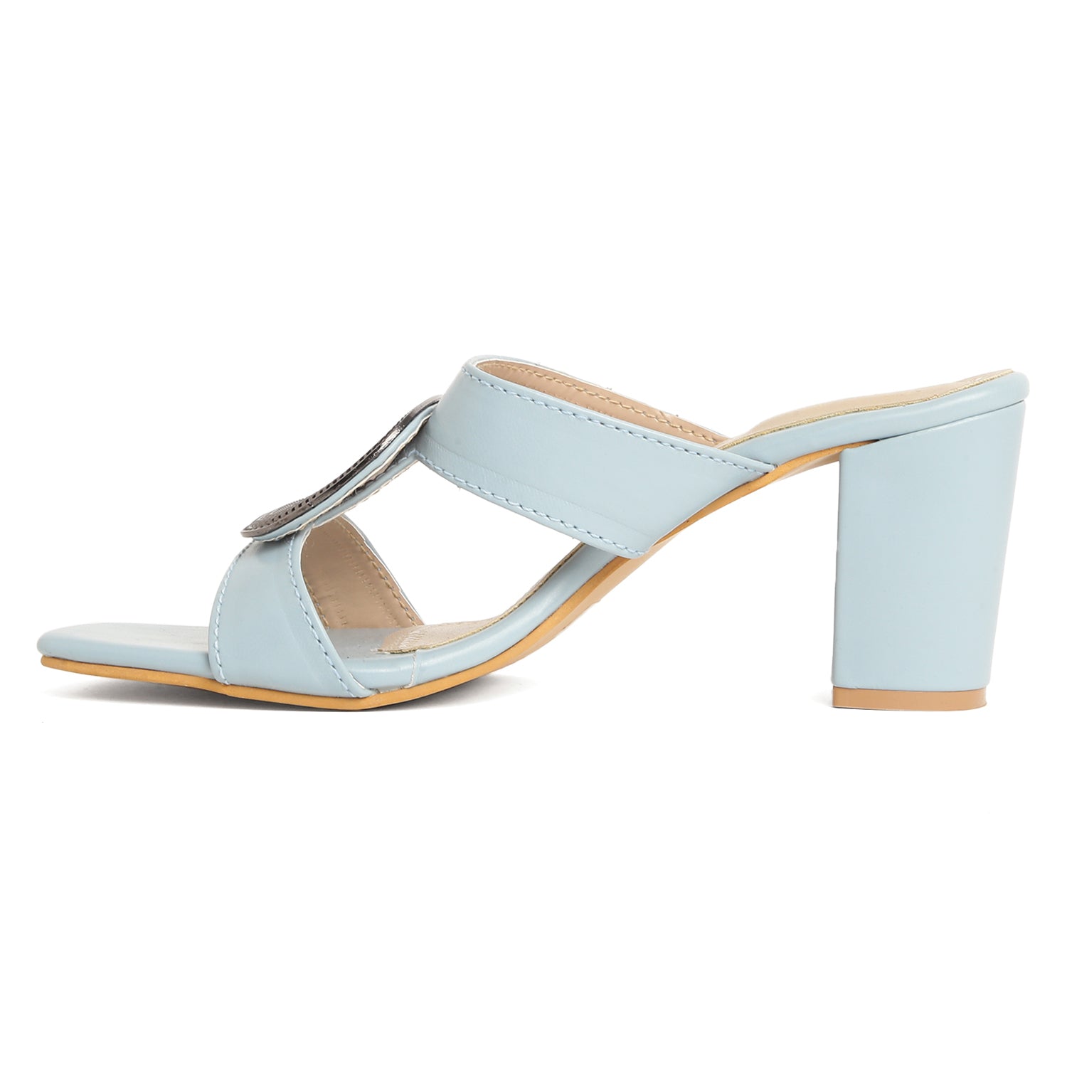 Block Heel Buckle Mules - Blue