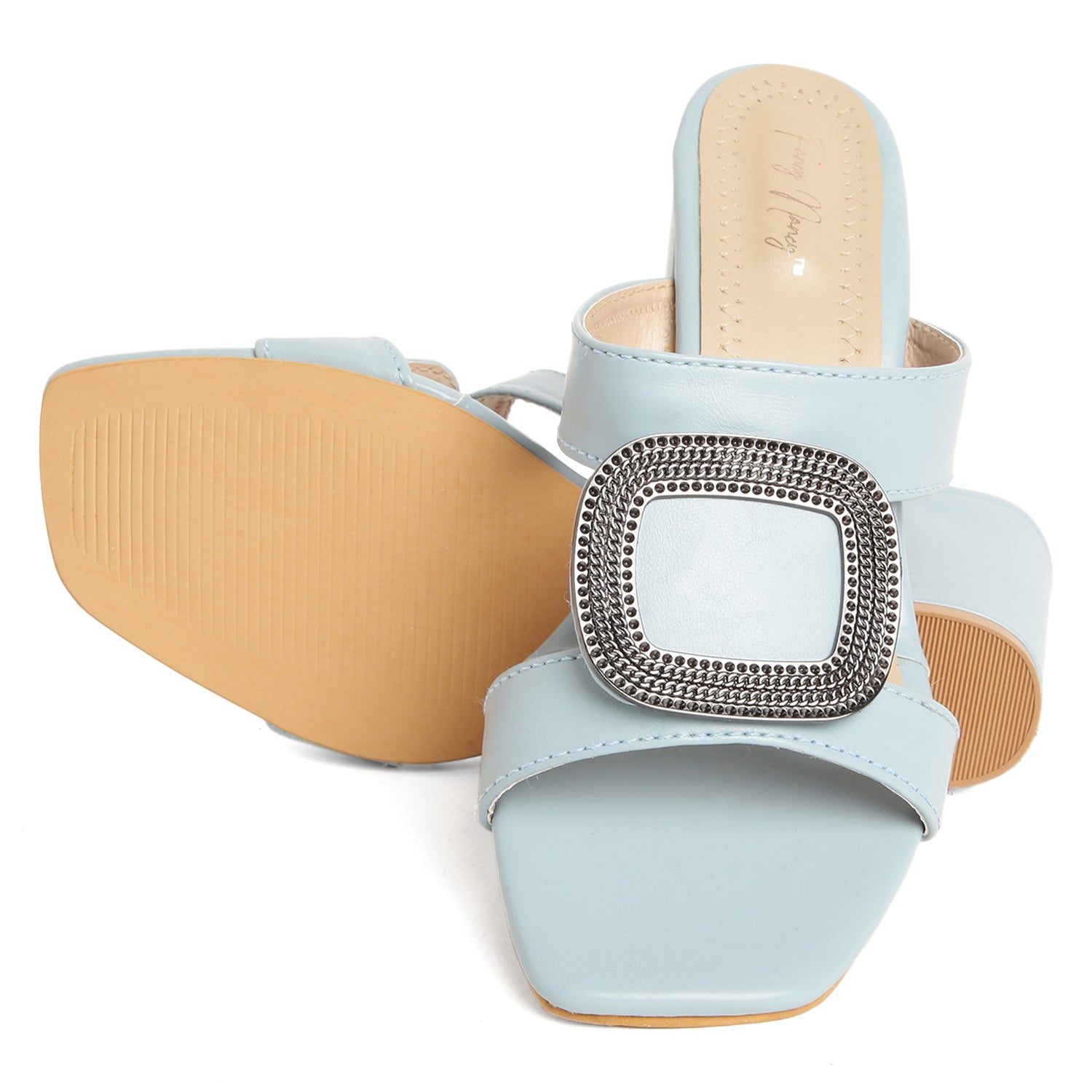 Block Heel Buckle Mules - Blue