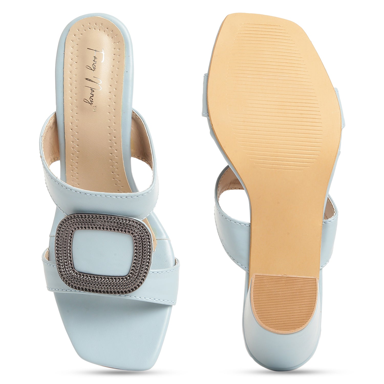 Block Heel Buckle Mules - Blue