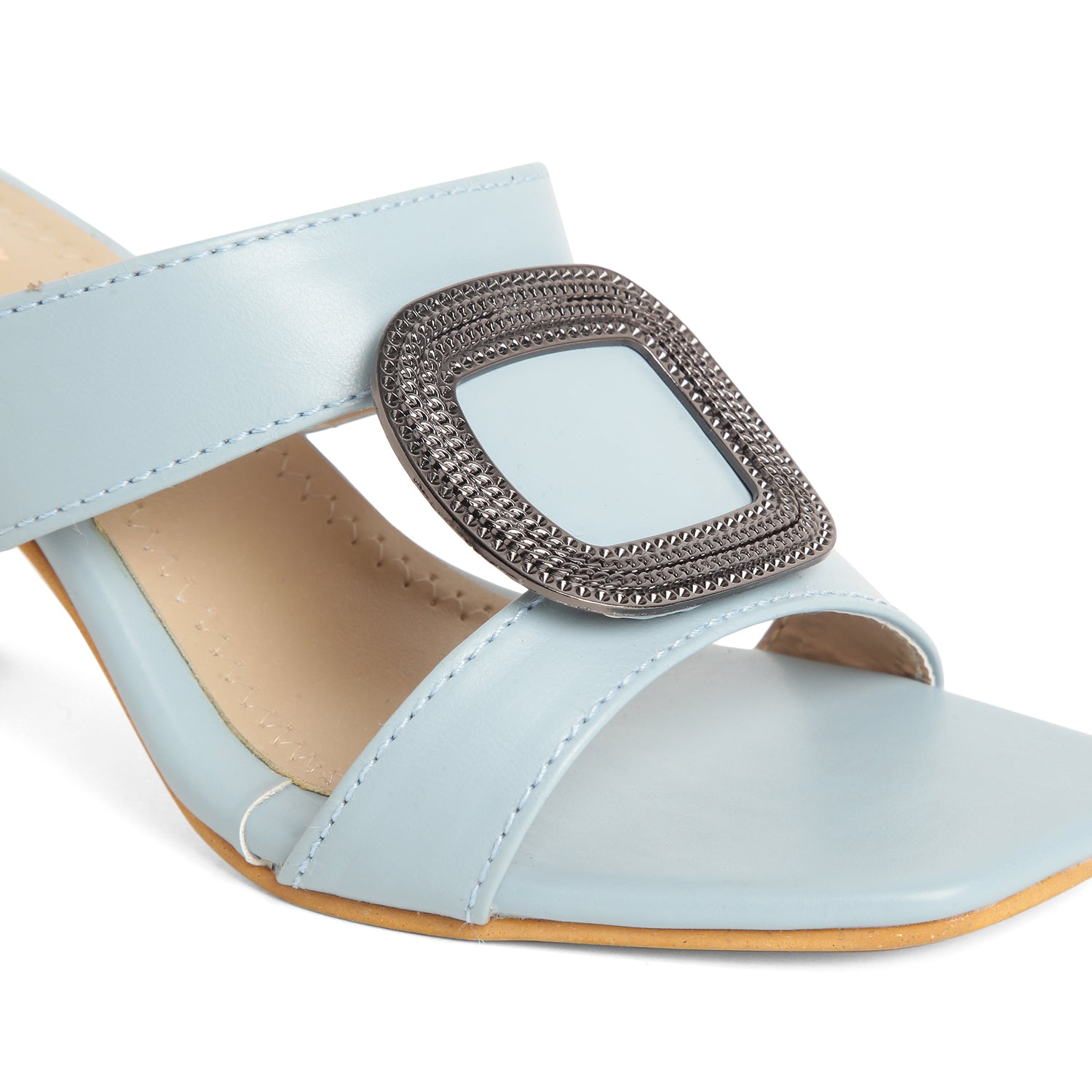 Block Heel Buckle Mules - Blue