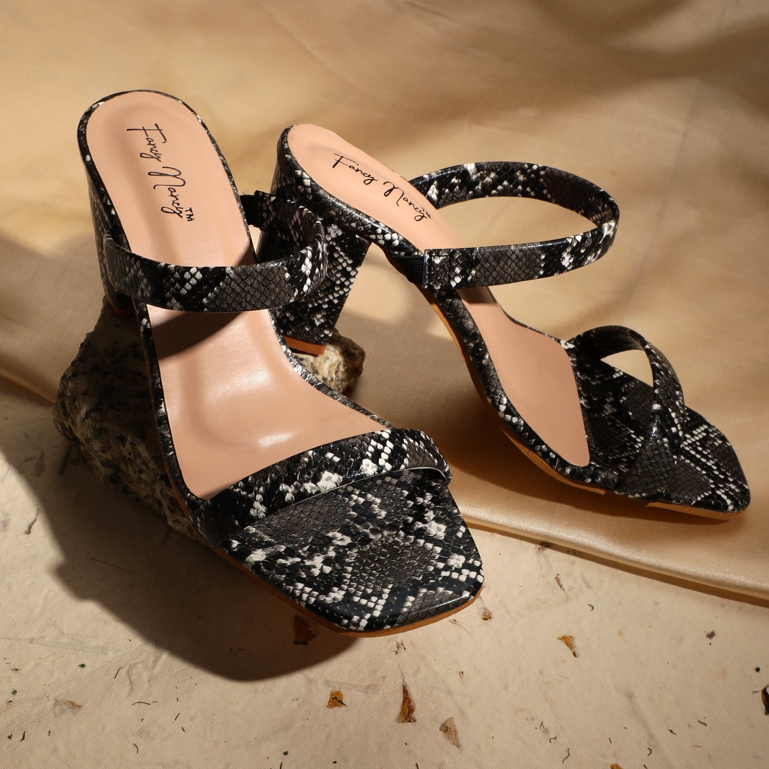 Double Strap Sandals - Black Snake Print