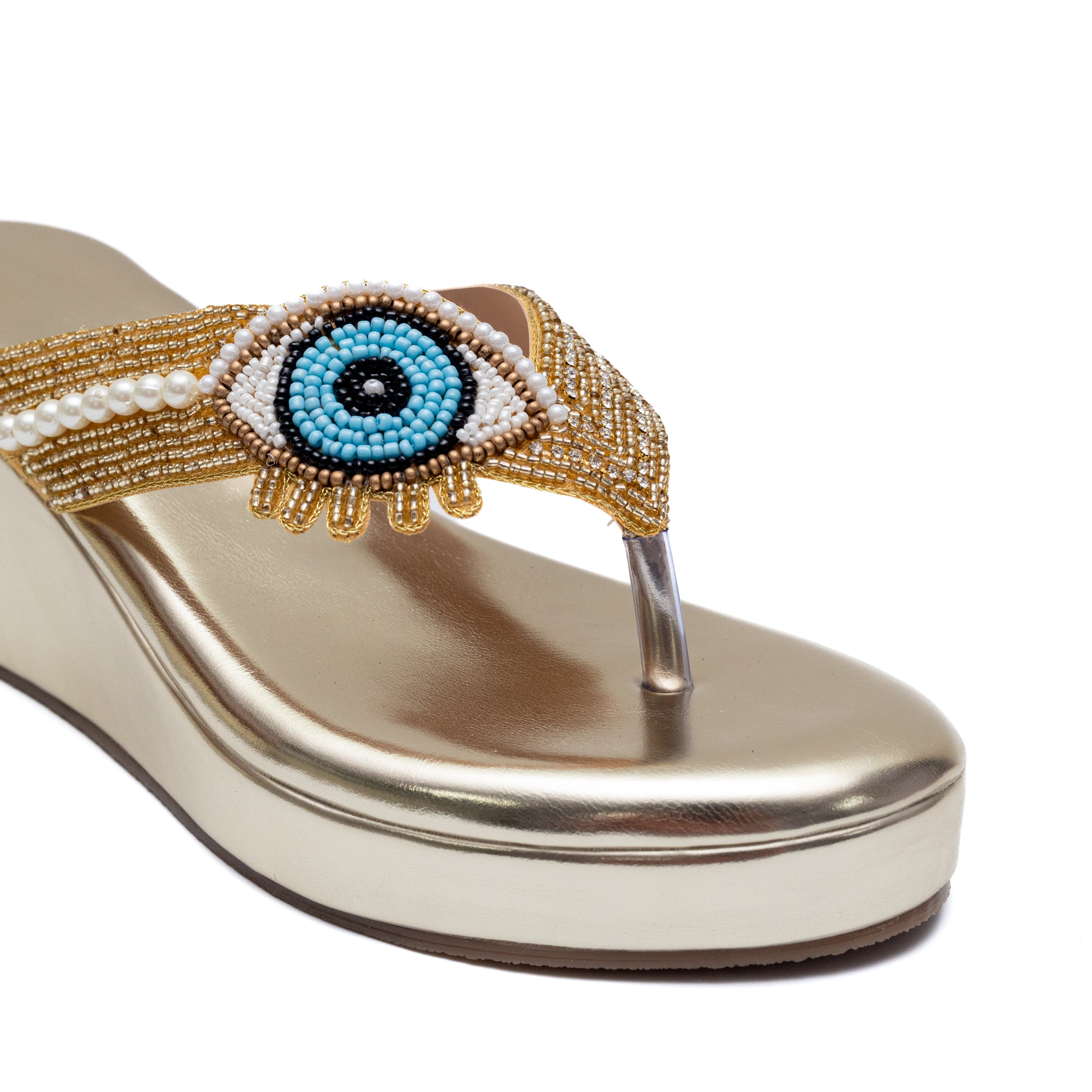 V Strap Evil Eye Platform Slippers - Golden