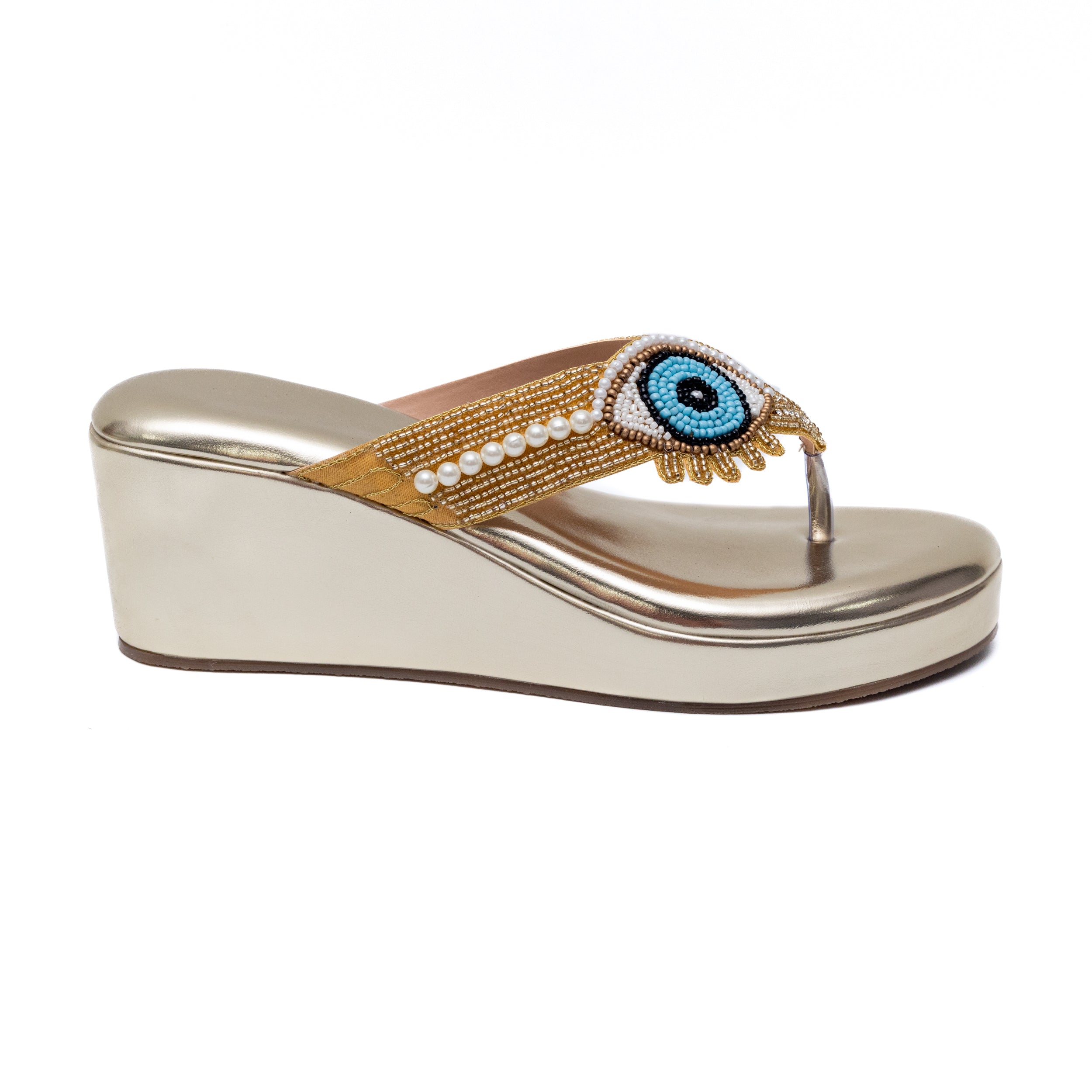 V Strap Evil Eye Platform Slippers - Golden