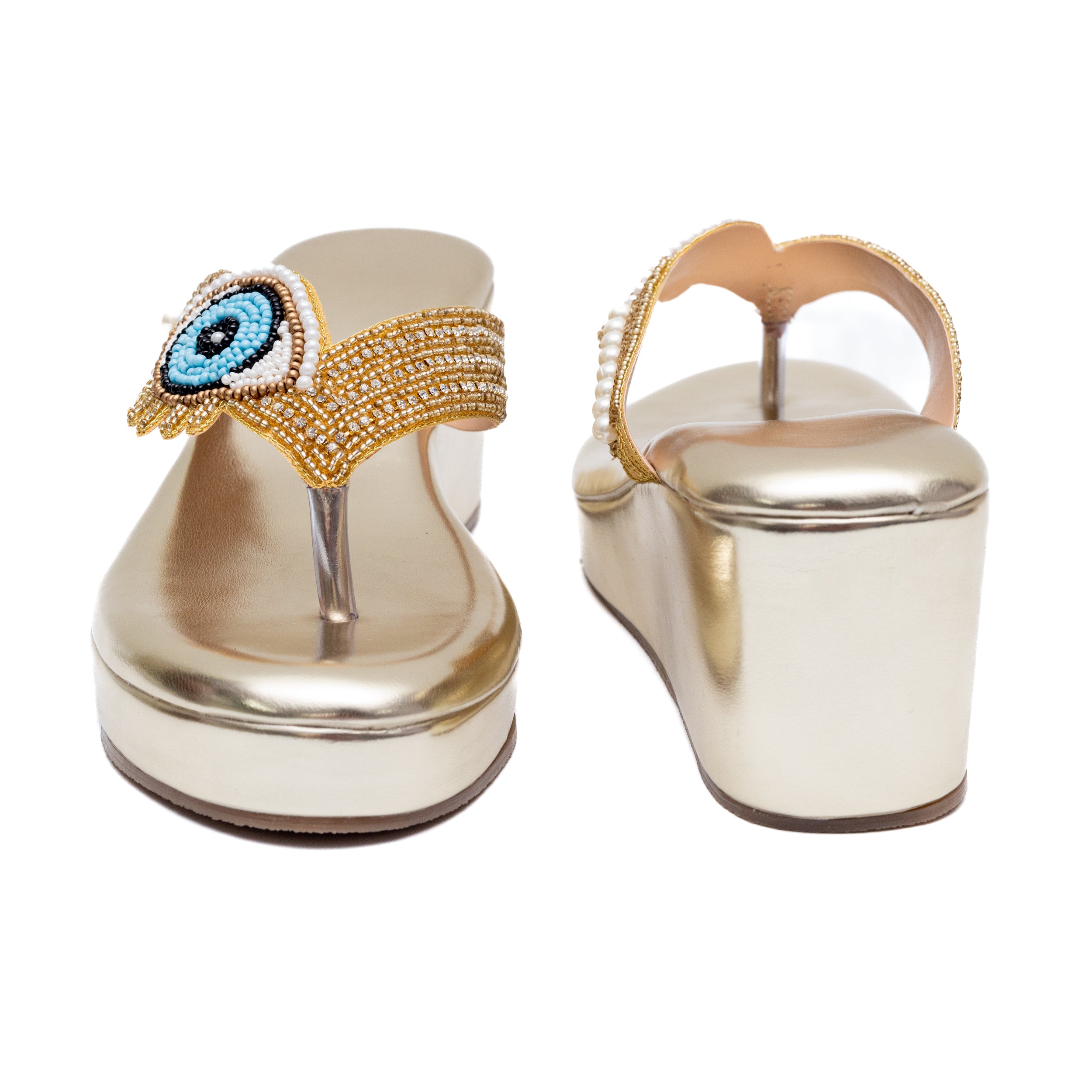 V Strap Evil Eye Platform Slippers - Golden