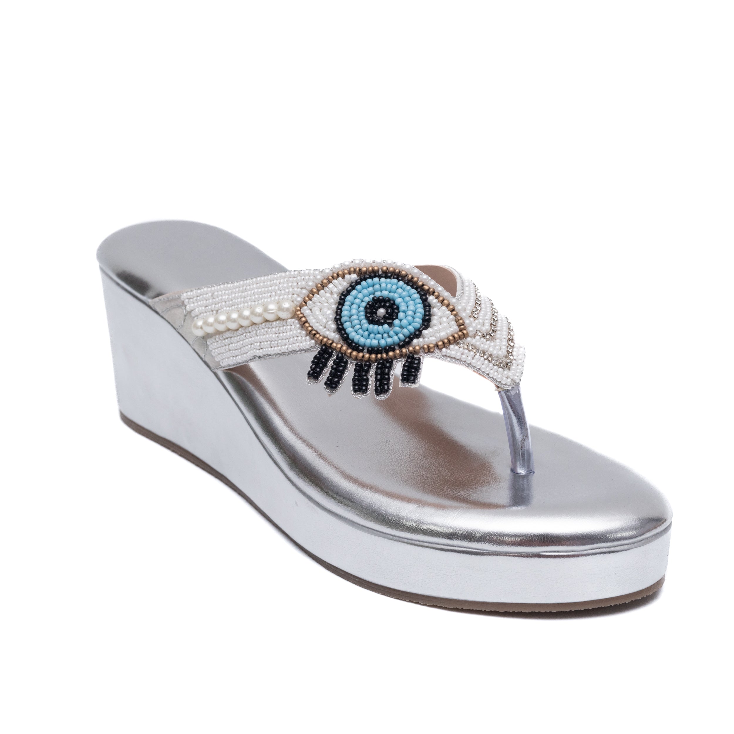 V Strap Evil Eye Platform Slippers - Silver