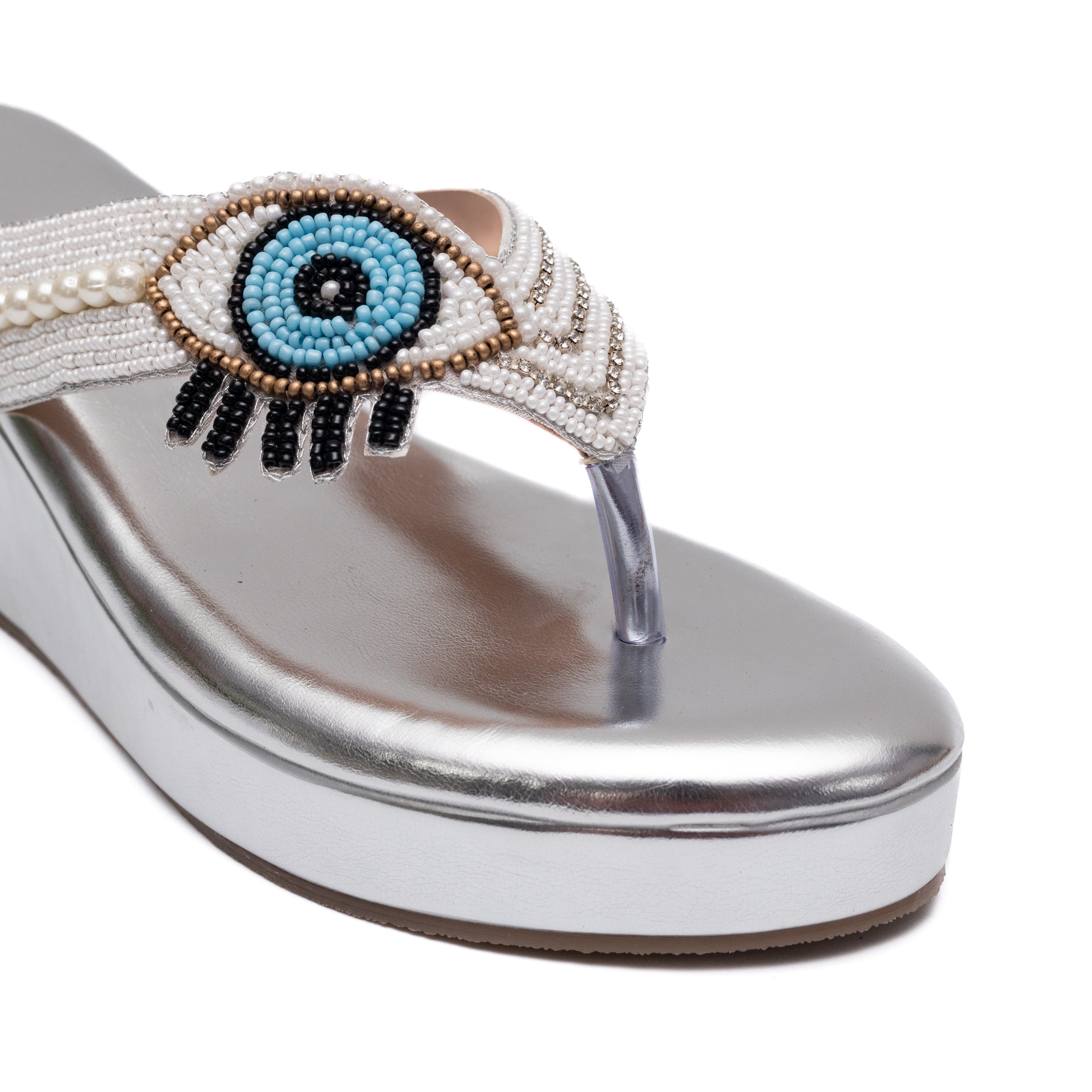 V Strap Evil Eye Platform Slippers - Silver