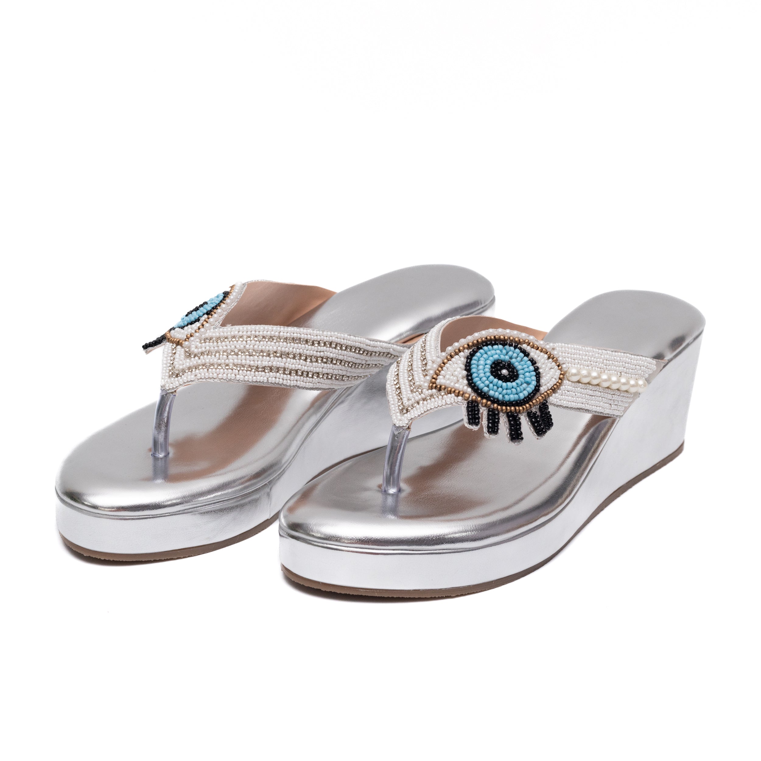 V Strap Evil Eye Platform Slippers - Silver