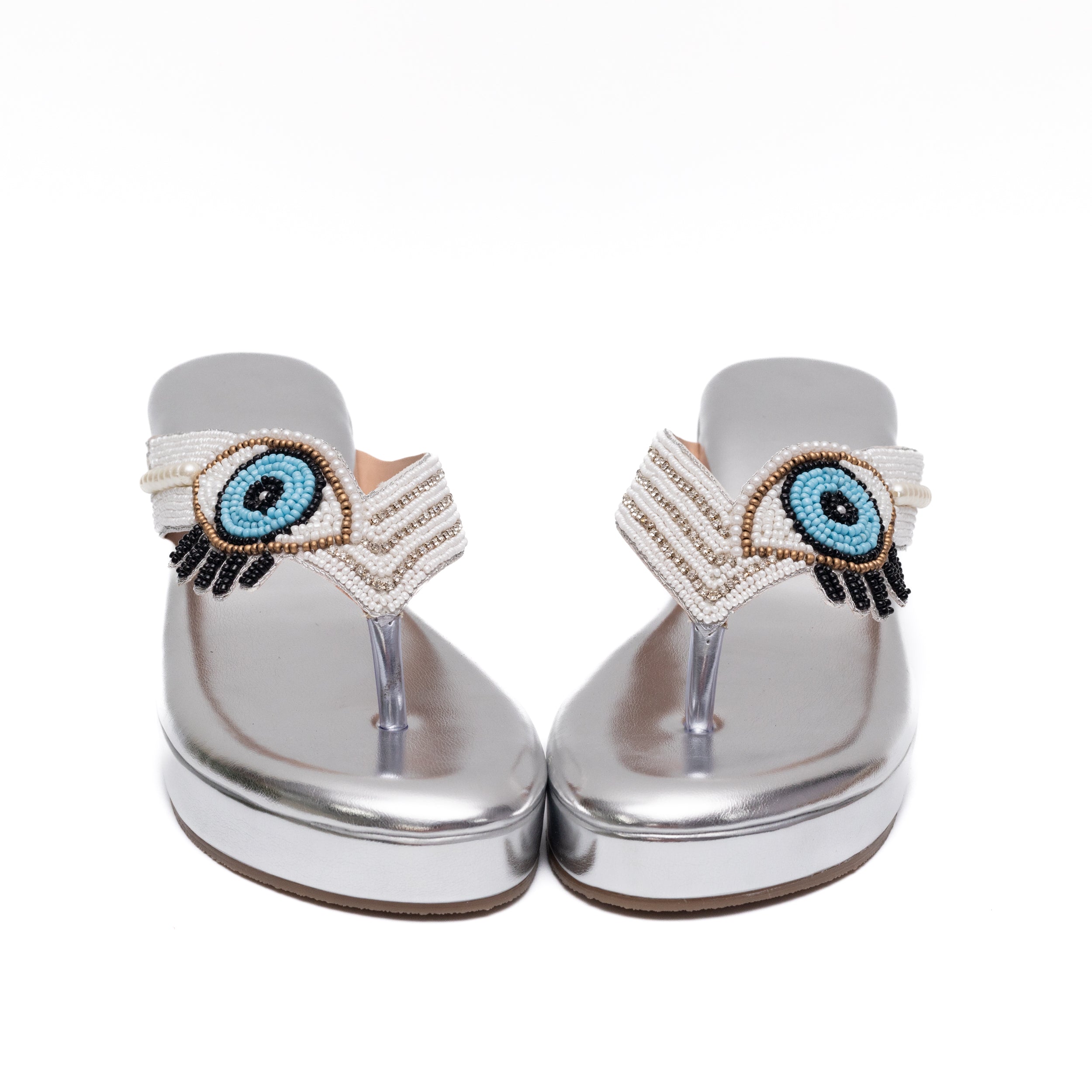 V Strap Evil Eye Platform Slippers - Silver