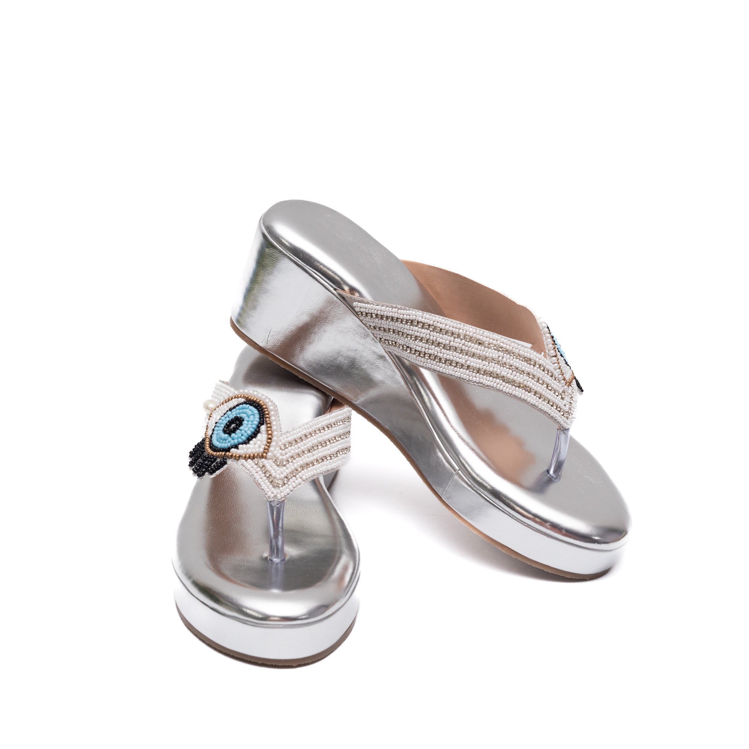 V Strap Evil Eye Platform Slippers - Silver