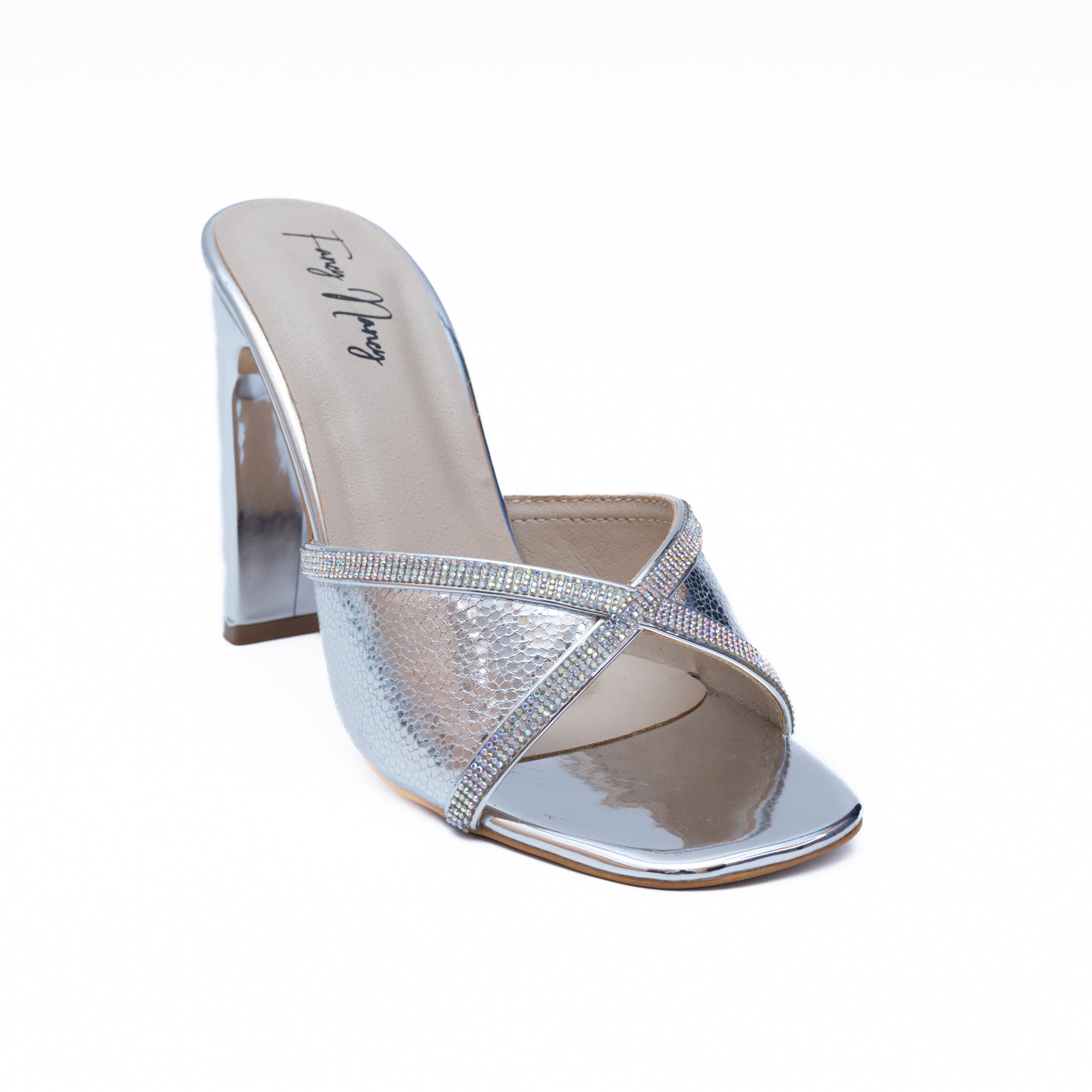 Shimmer Cross Strap Heels - Silver