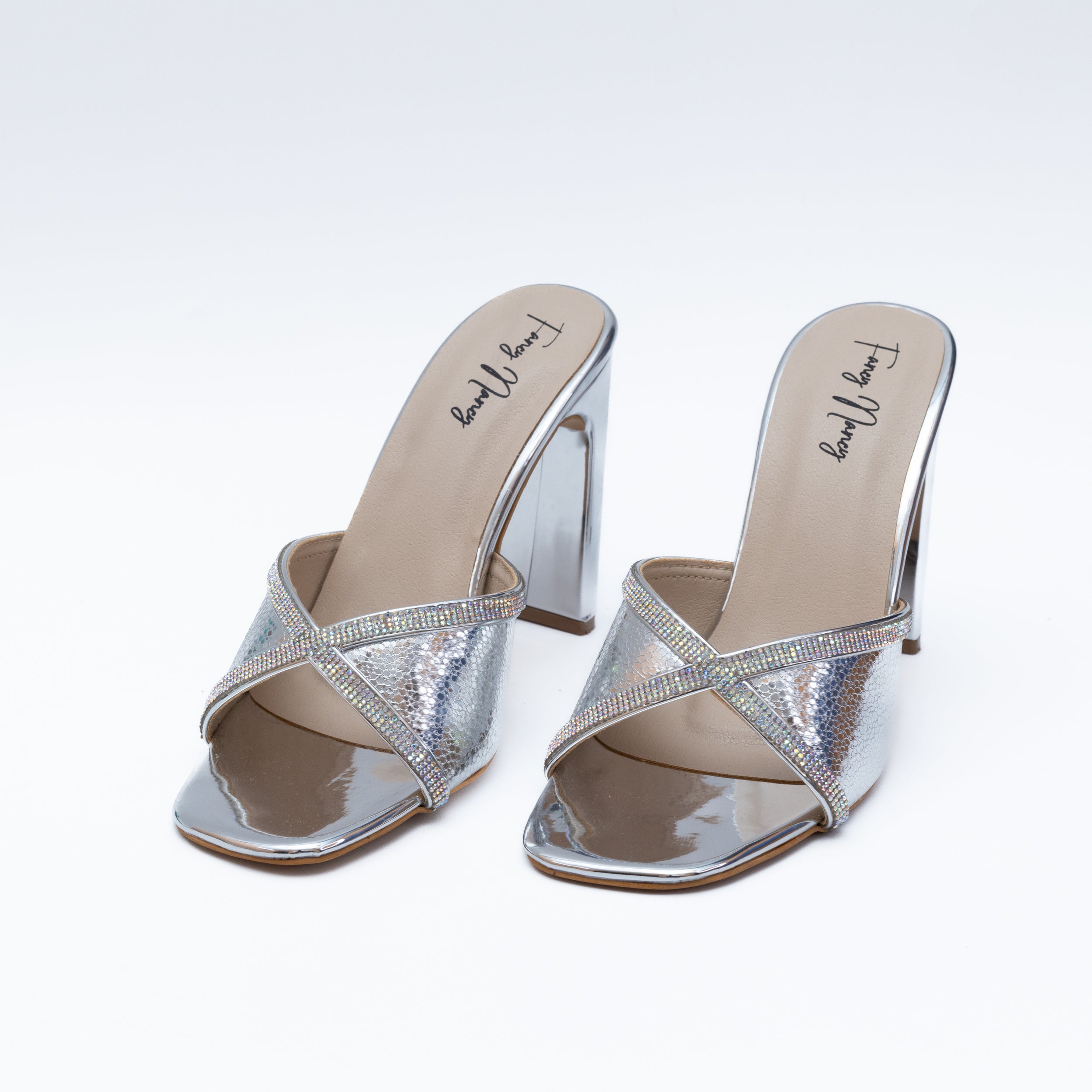 Shimmer Cross Strap Heels - Silver