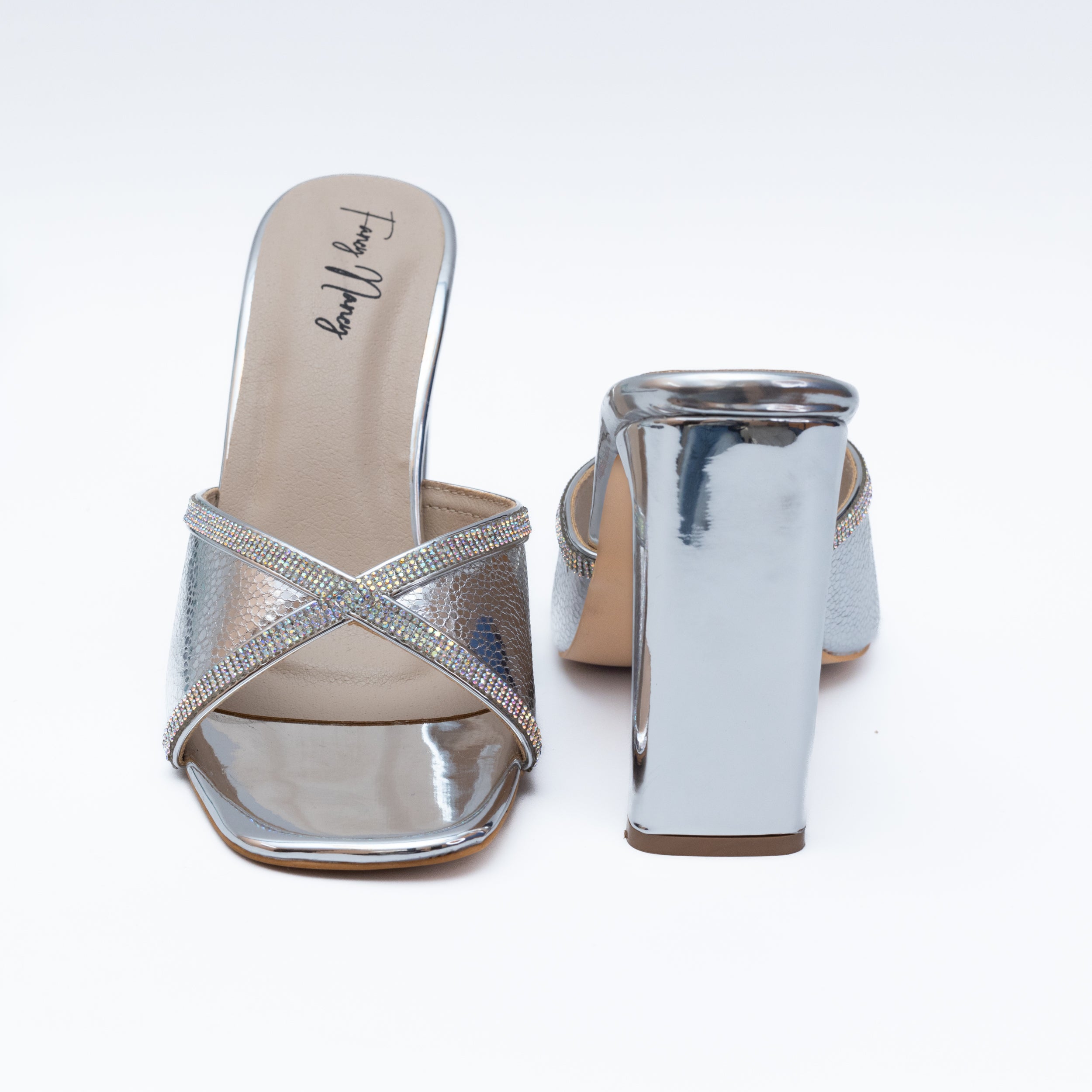 Shimmer Cross Strap Heels - Silver